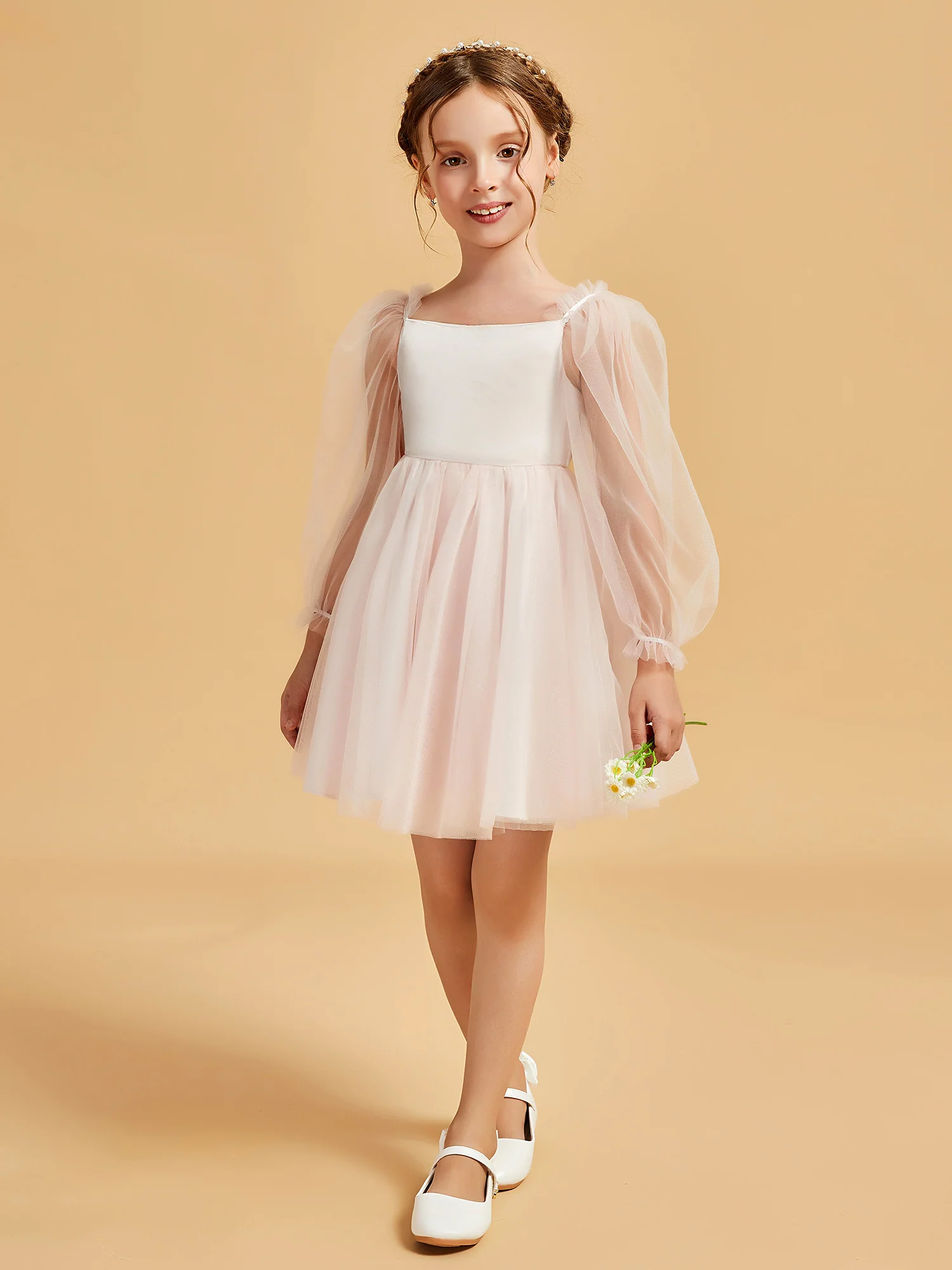 Square Neck Long Sleeve Girl's Short Dress Rose Petal - Image 6