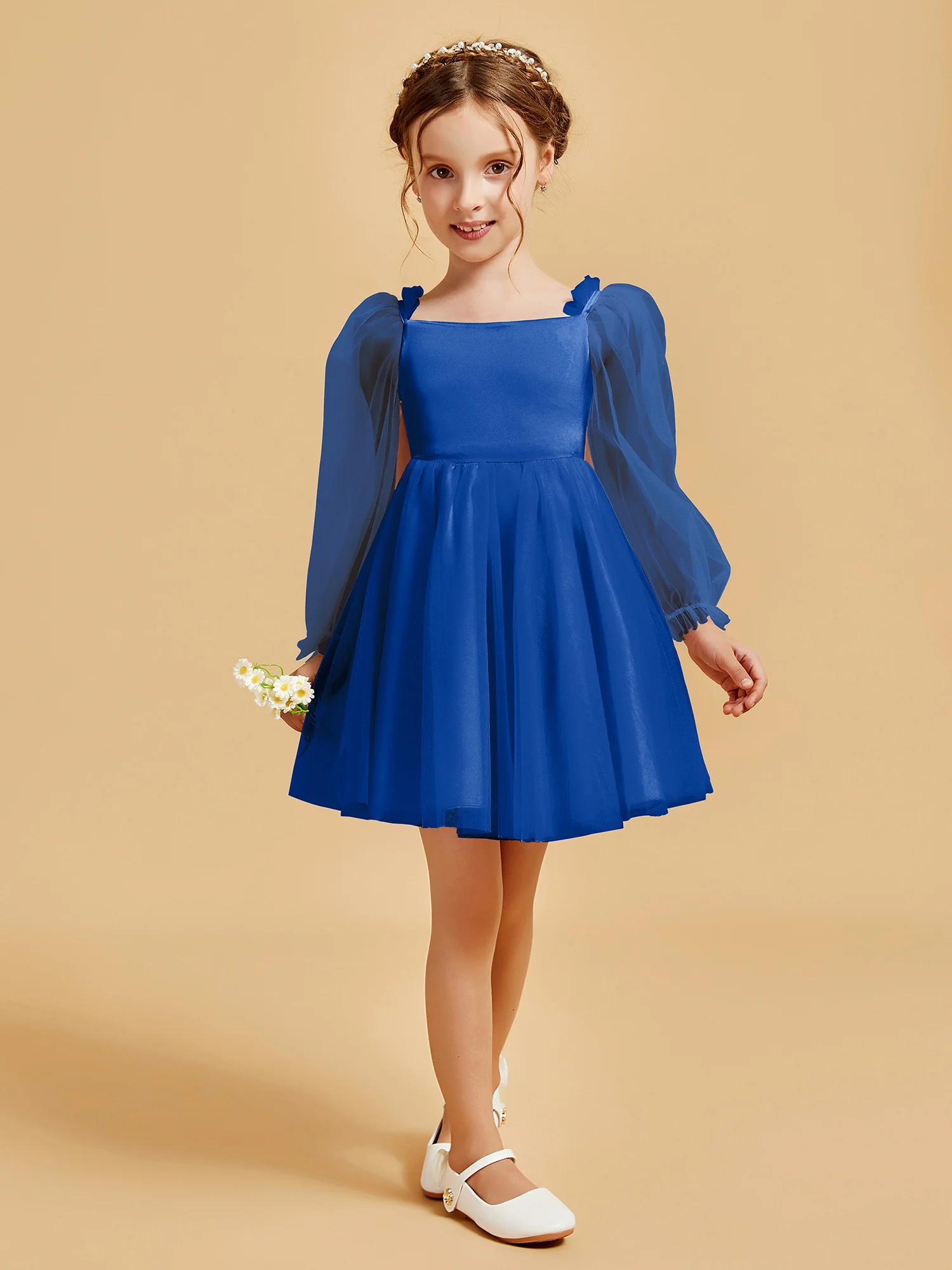 Square Neck Long Sleeve Girl's Short Dress Royal Blue
