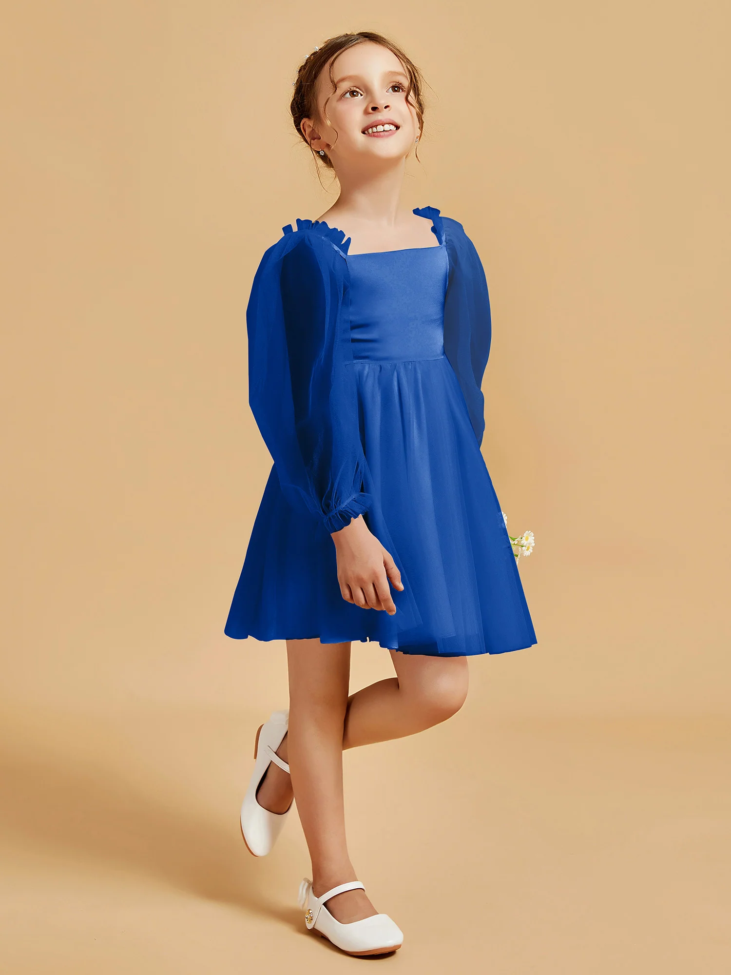 Square Neck Long Sleeve Girl's Short Dress Royal Blue - Image 3