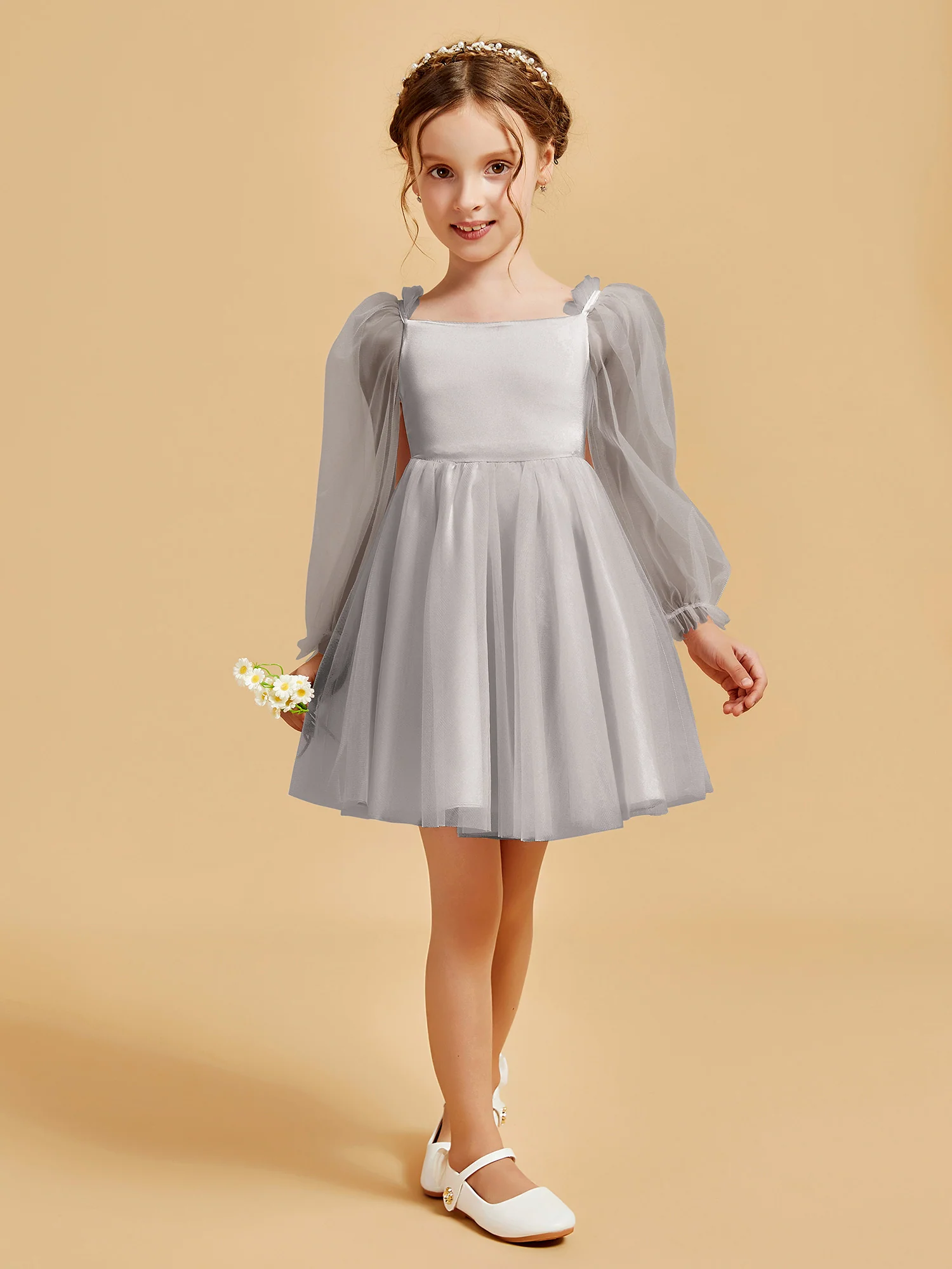 Square Neck Long Sleeve Girl's Short Dress Silver