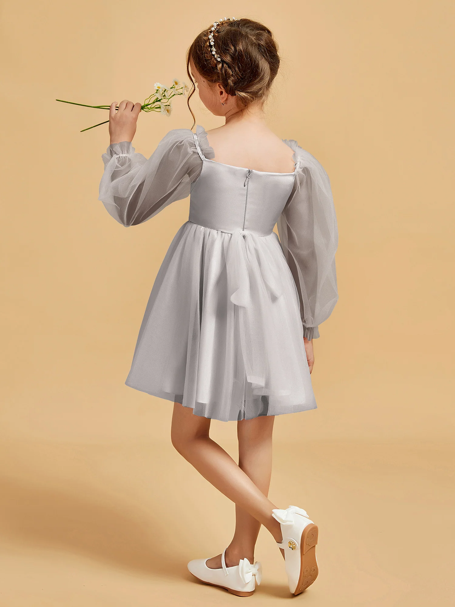 Square Neck Long Sleeve Girl's Short Dress Silver - Image 2