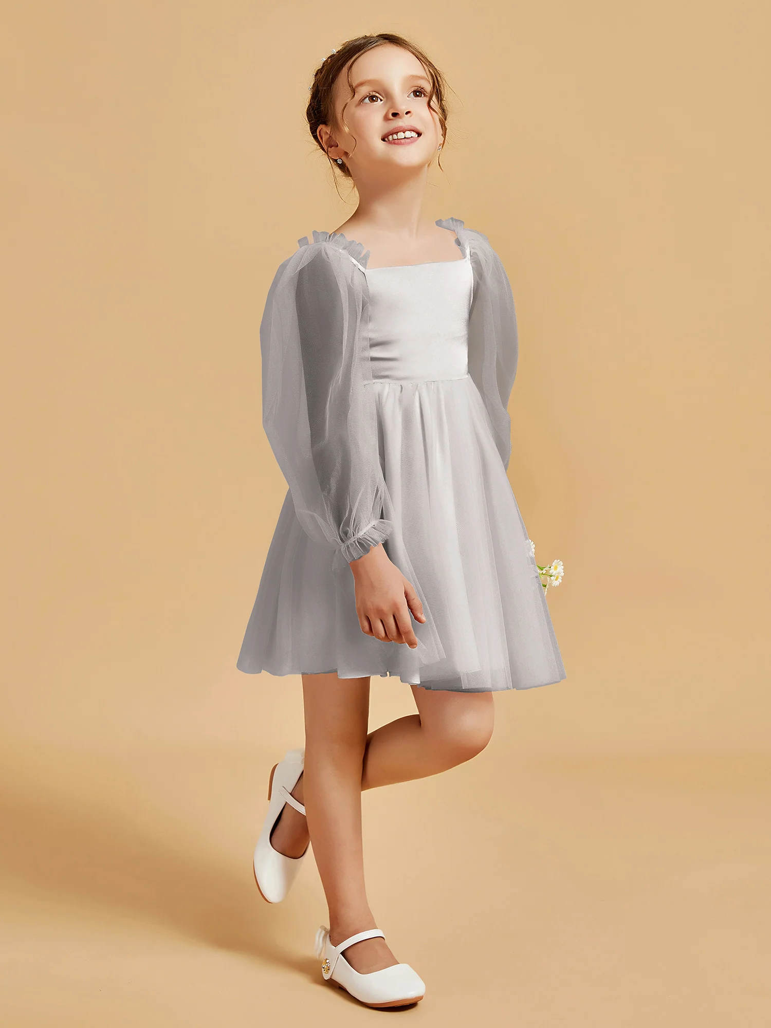 Square Neck Long Sleeve Girl's Short Dress Silver - Image 3