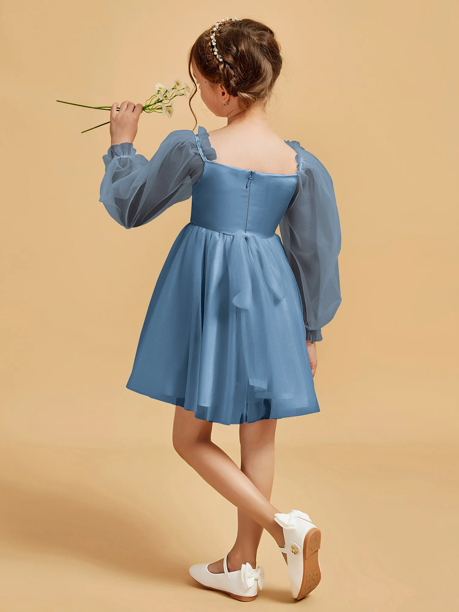 Square Neck Long Sleeve Girl's Short Dress Slate Blue - Image 2