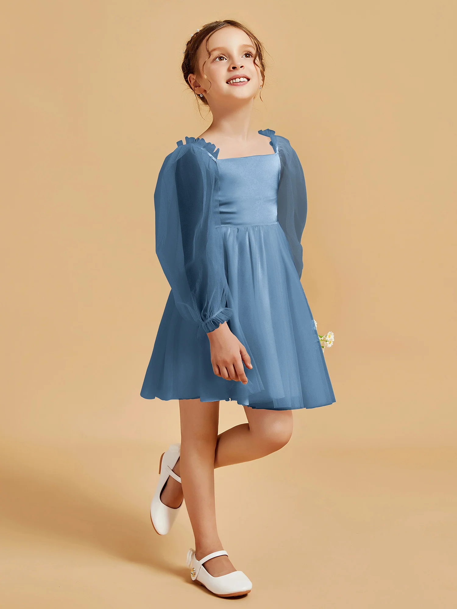 Square Neck Long Sleeve Girl's Short Dress Slate Blue - Image 3