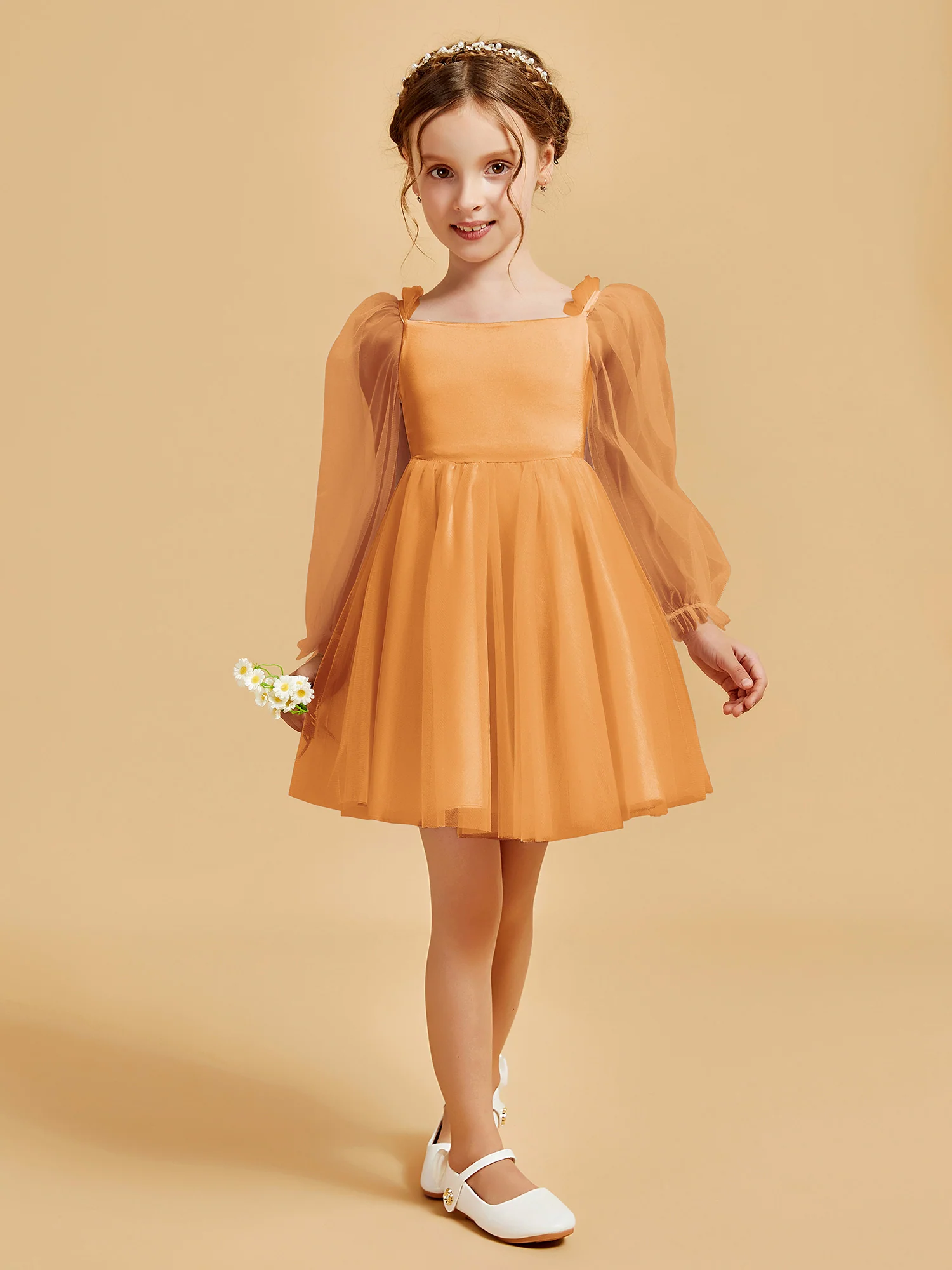 Square Neck Long Sleeve Girl's Short Dress Tangerine