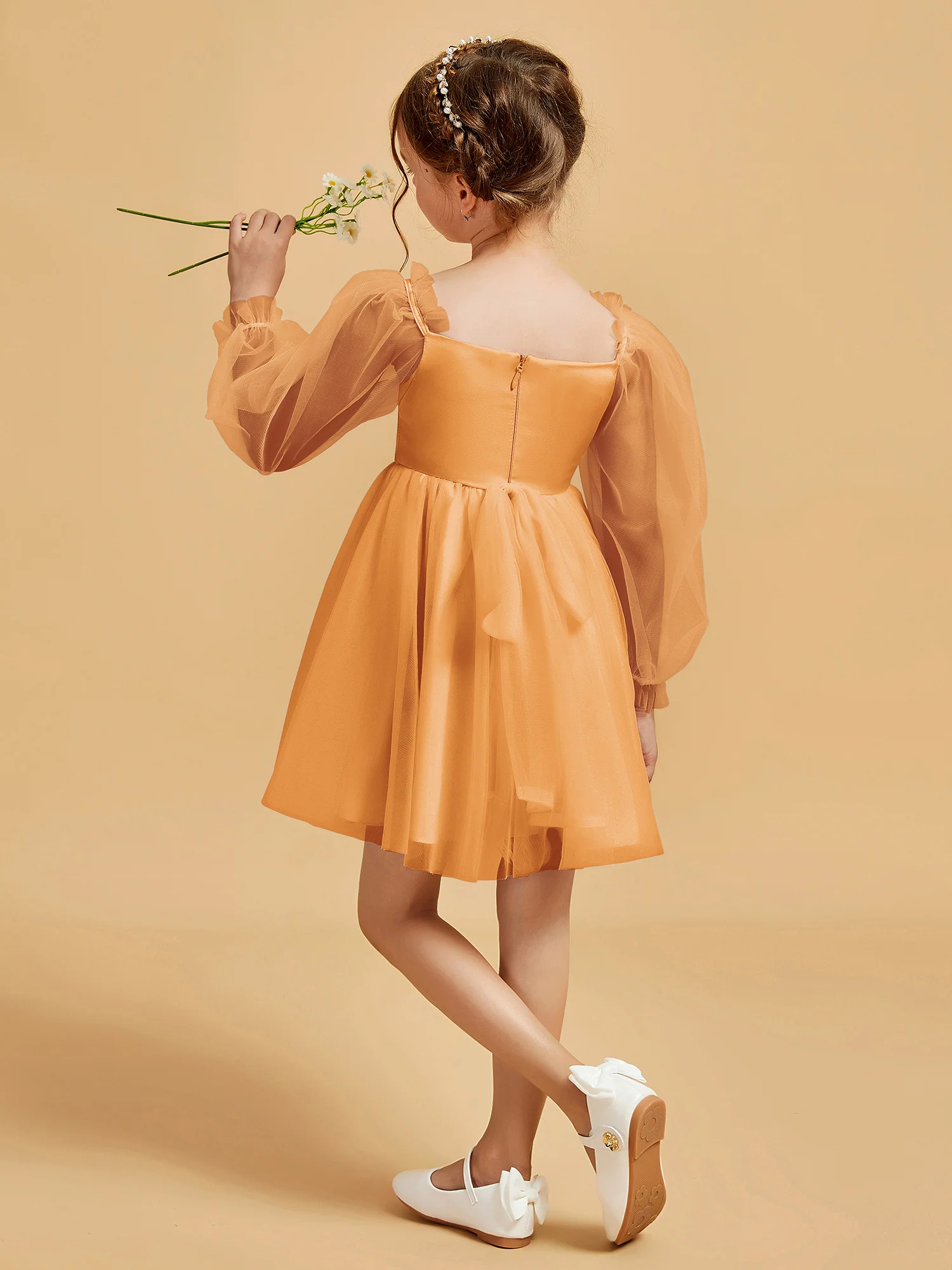 Square Neck Long Sleeve Girl's Short Dress Tangerine - Image 2