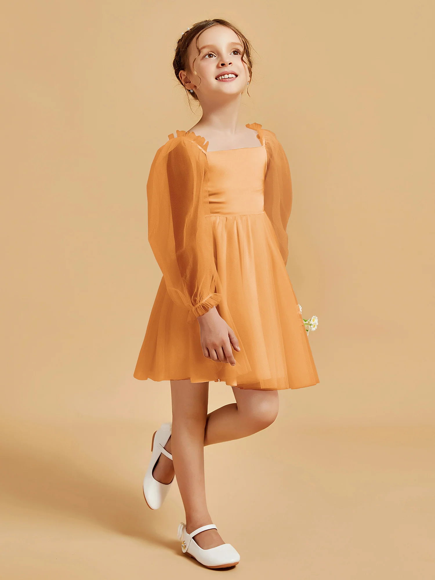 Square Neck Long Sleeve Girl's Short Dress Tangerine - Image 3