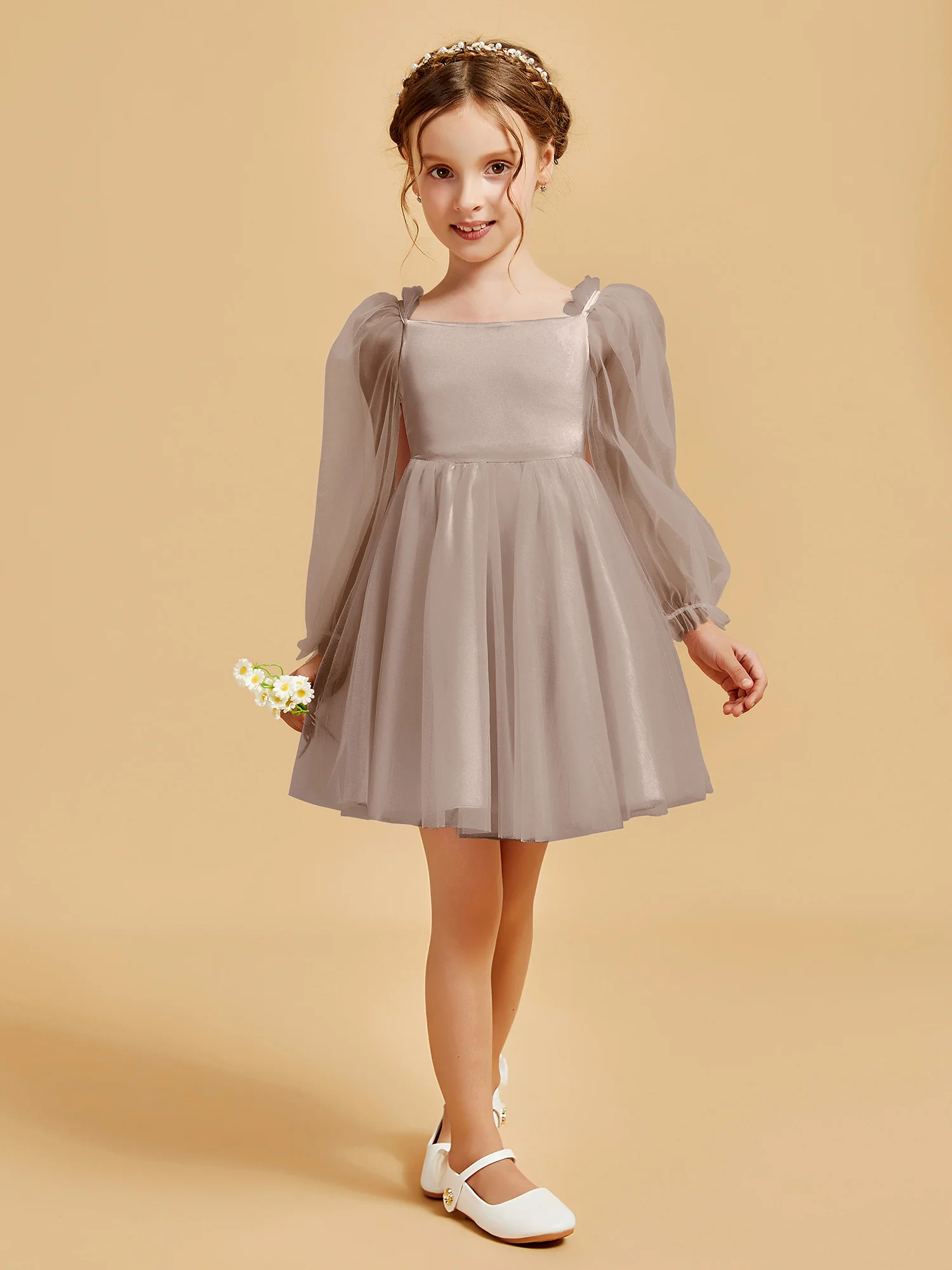 Square Neck Long Sleeve Girl's Short Dress Taupe