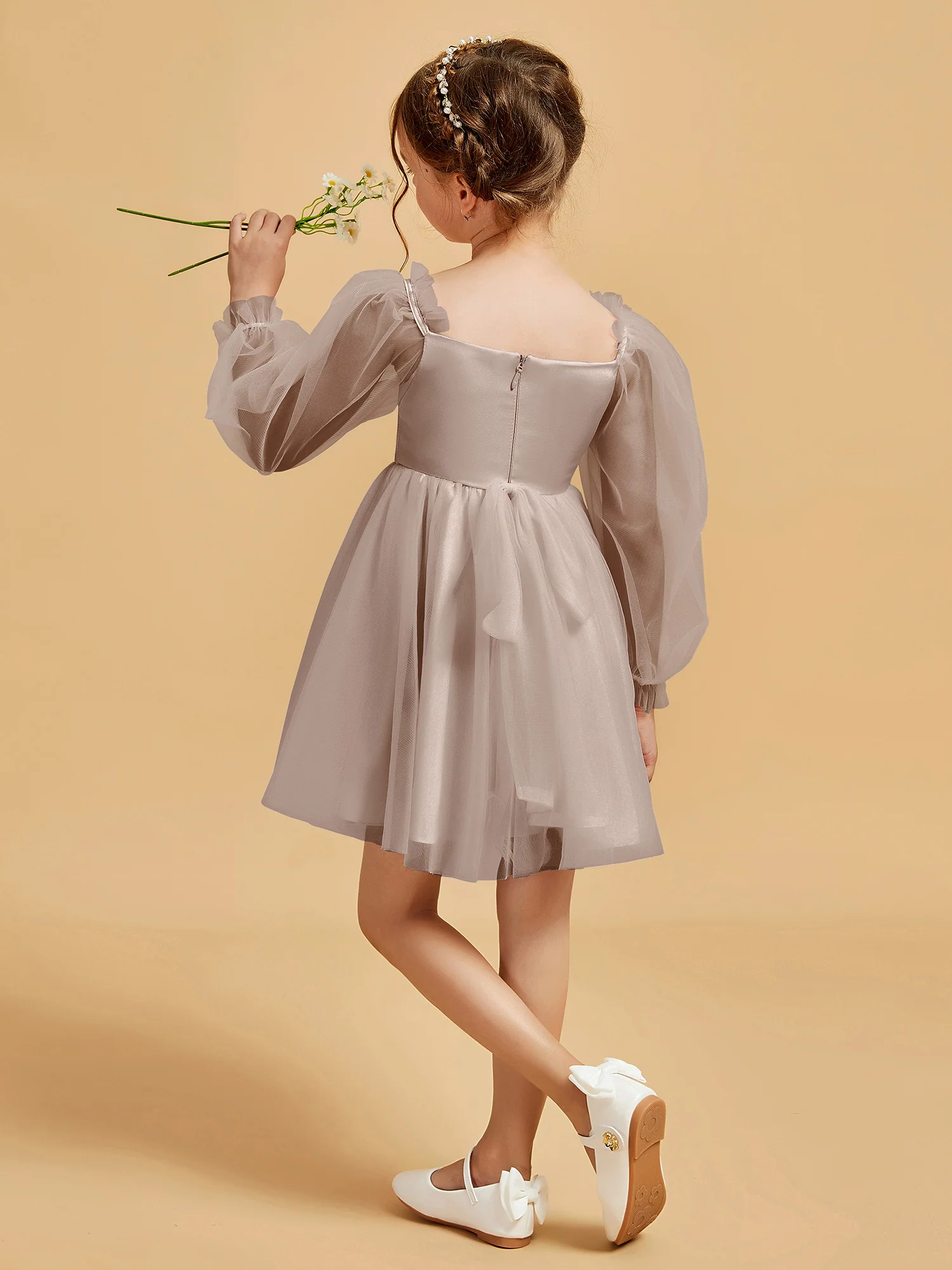 Square Neck Long Sleeve Girl's Short Dress Taupe - Image 2