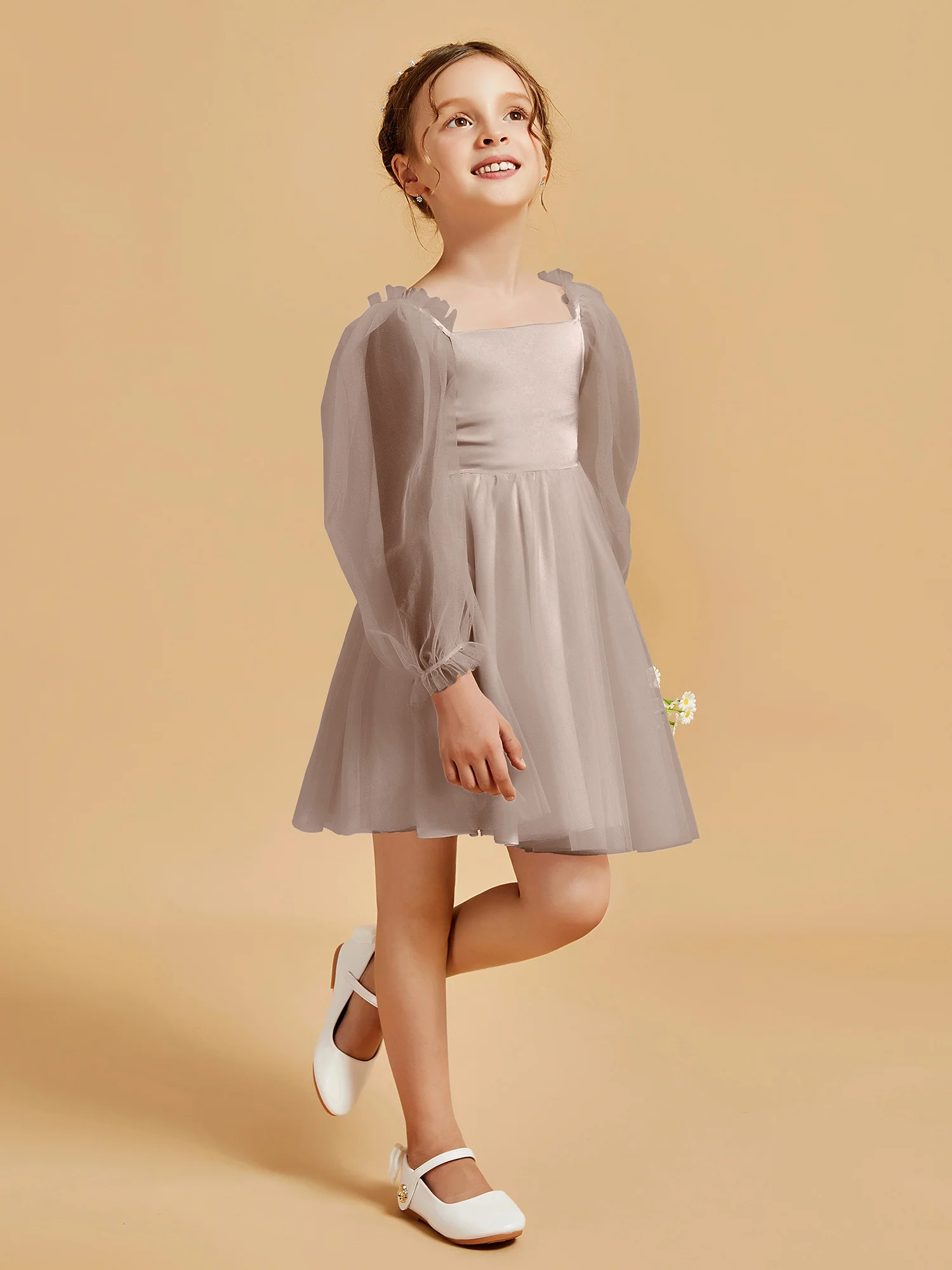 Square Neck Long Sleeve Girl's Short Dress Taupe - Image 3