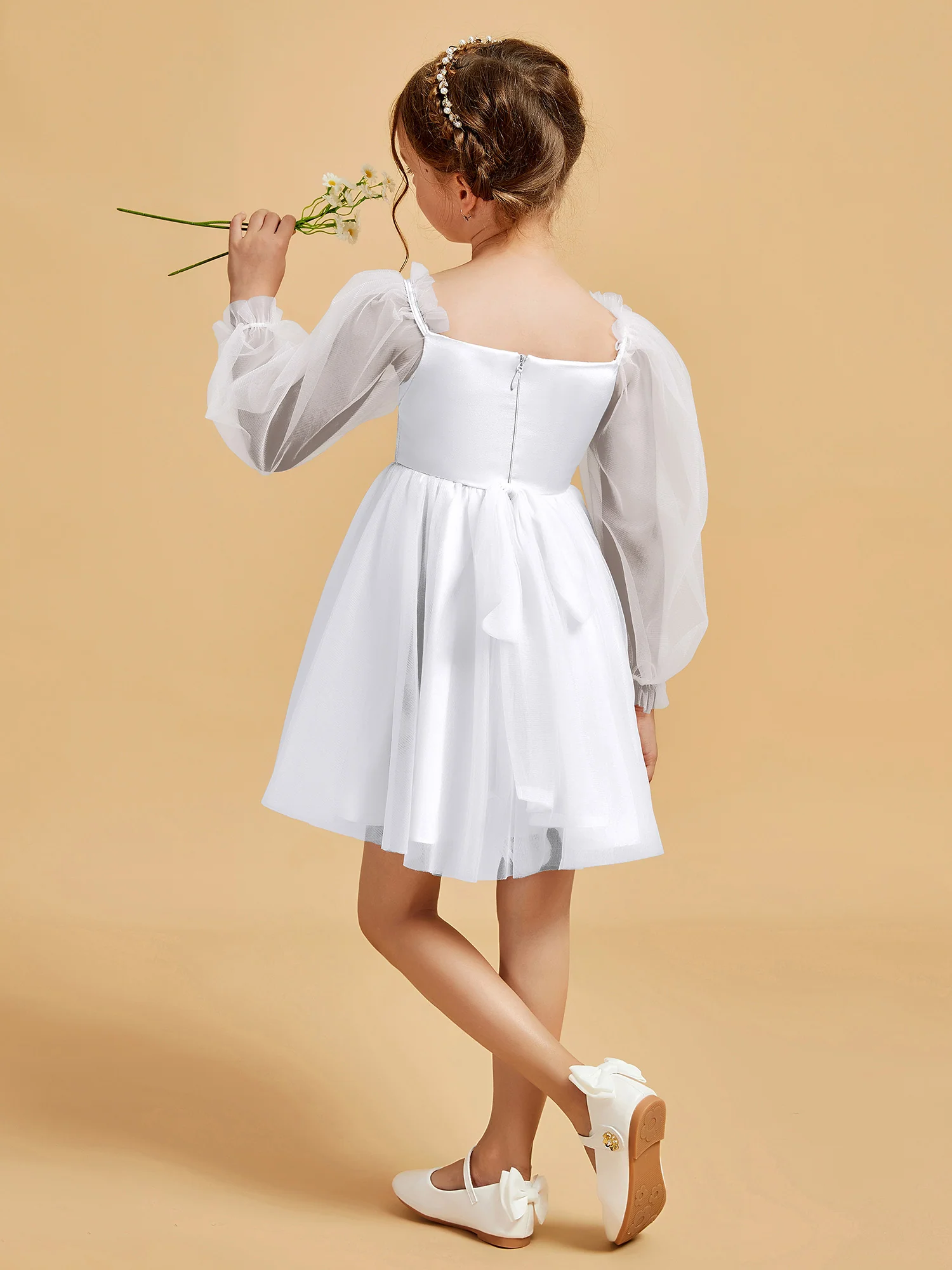 Square Neck Long Sleeve Girl's Short Dress White - Image 2