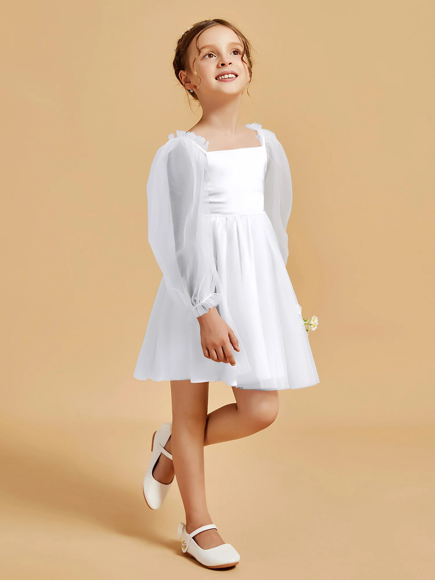 Square Neck Long Sleeve Girl's Short Dress White - Image 3