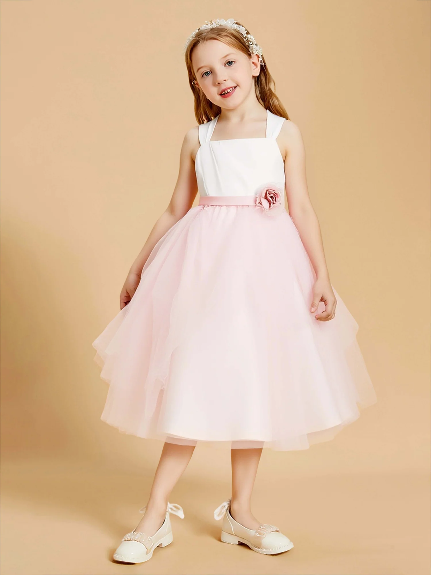 Square Neck Tulle Tea-Length Flower Girl Dress Blushing Pink