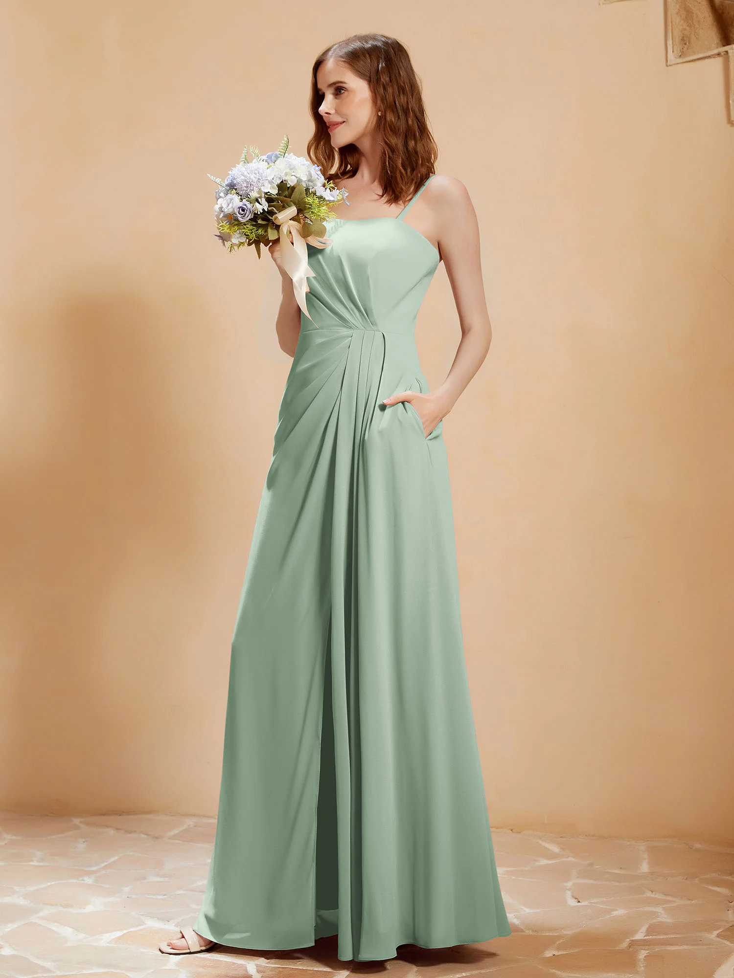 Square Neckline A-line Chiffon Dress With Pocket Agave