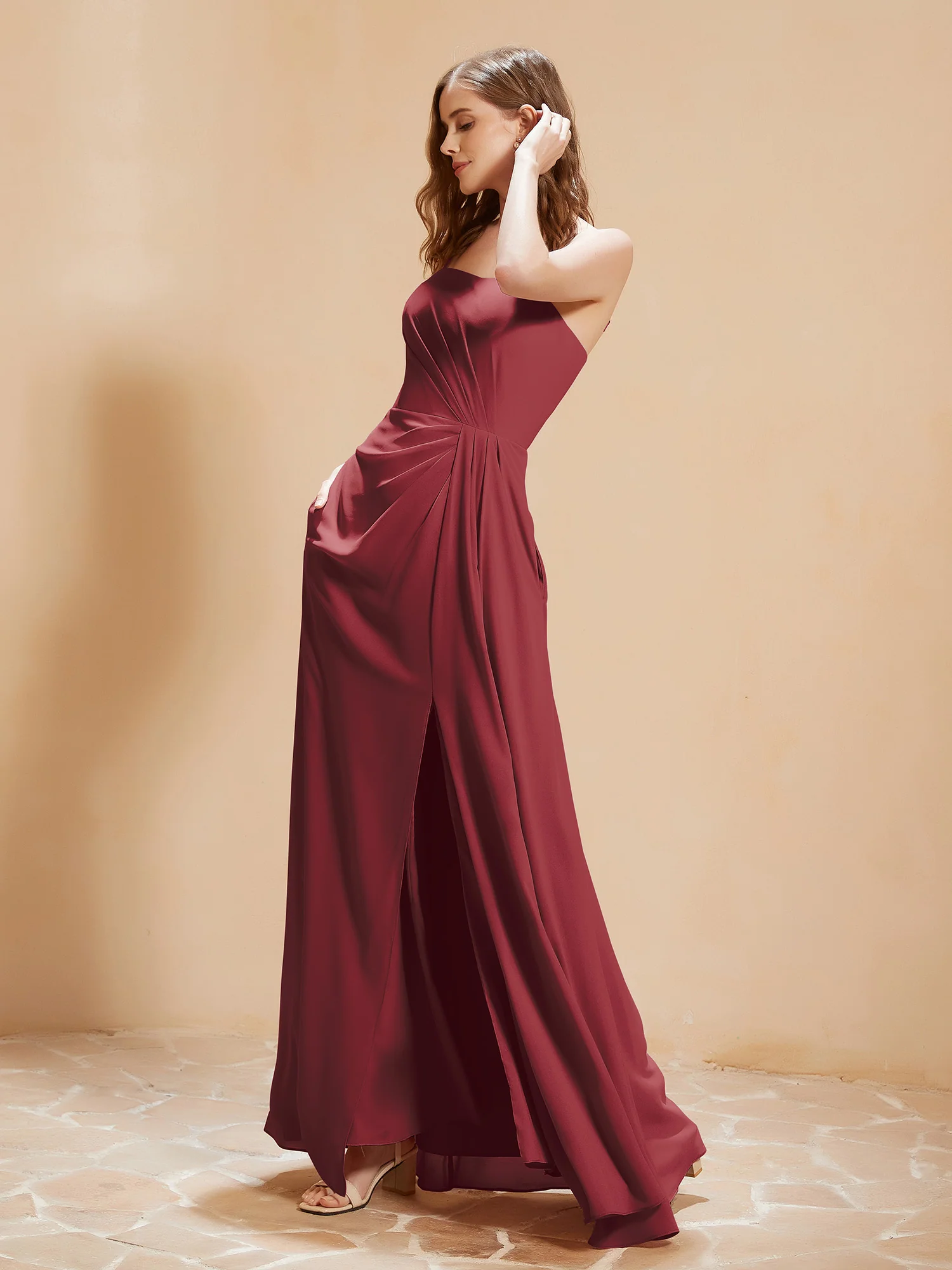 Square Neckline A-line Chiffon Dress With Pocket Cinnamon Rose - Image 3