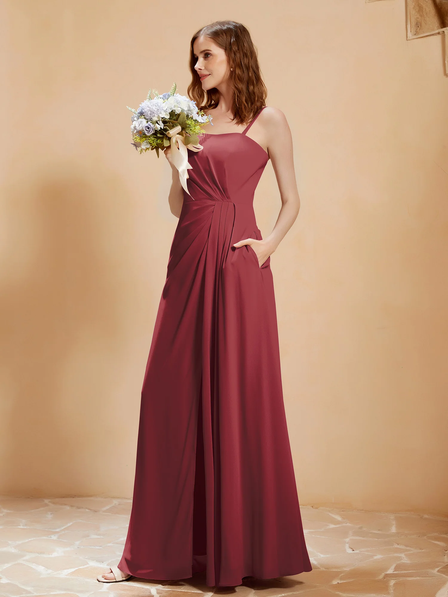 Square Neckline A-line Chiffon Dress With Pocket Cinnamon Rose Plus Size