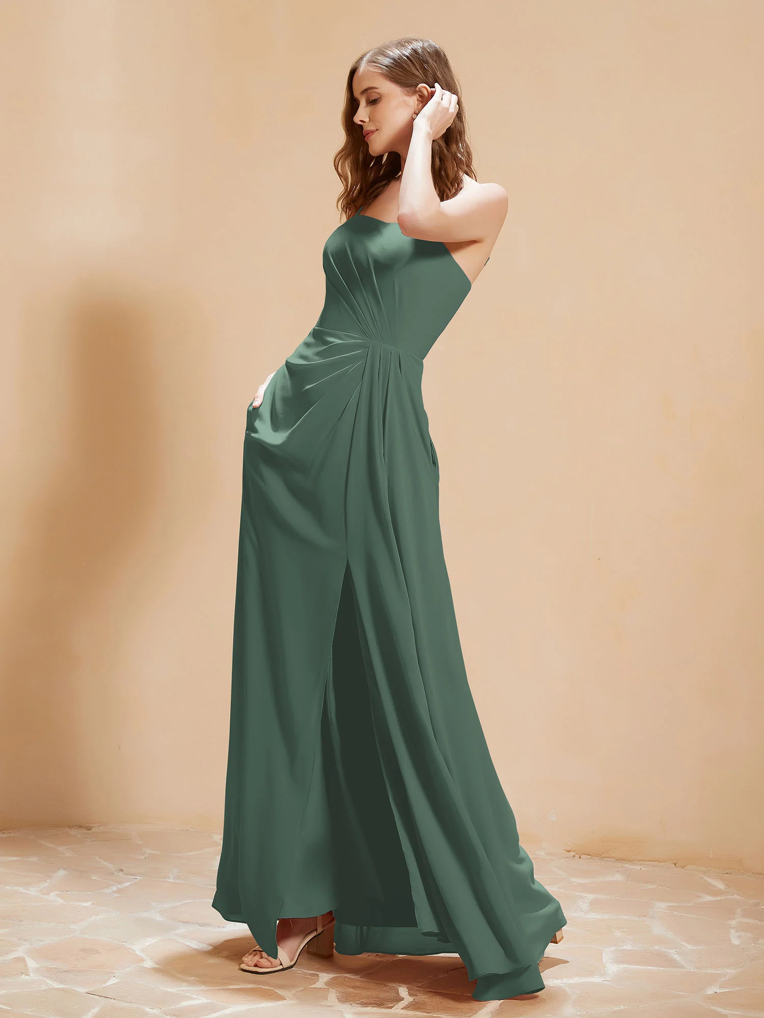 Square Neckline A-line Chiffon Dress With Pocket Eucalyptus - Image 3
