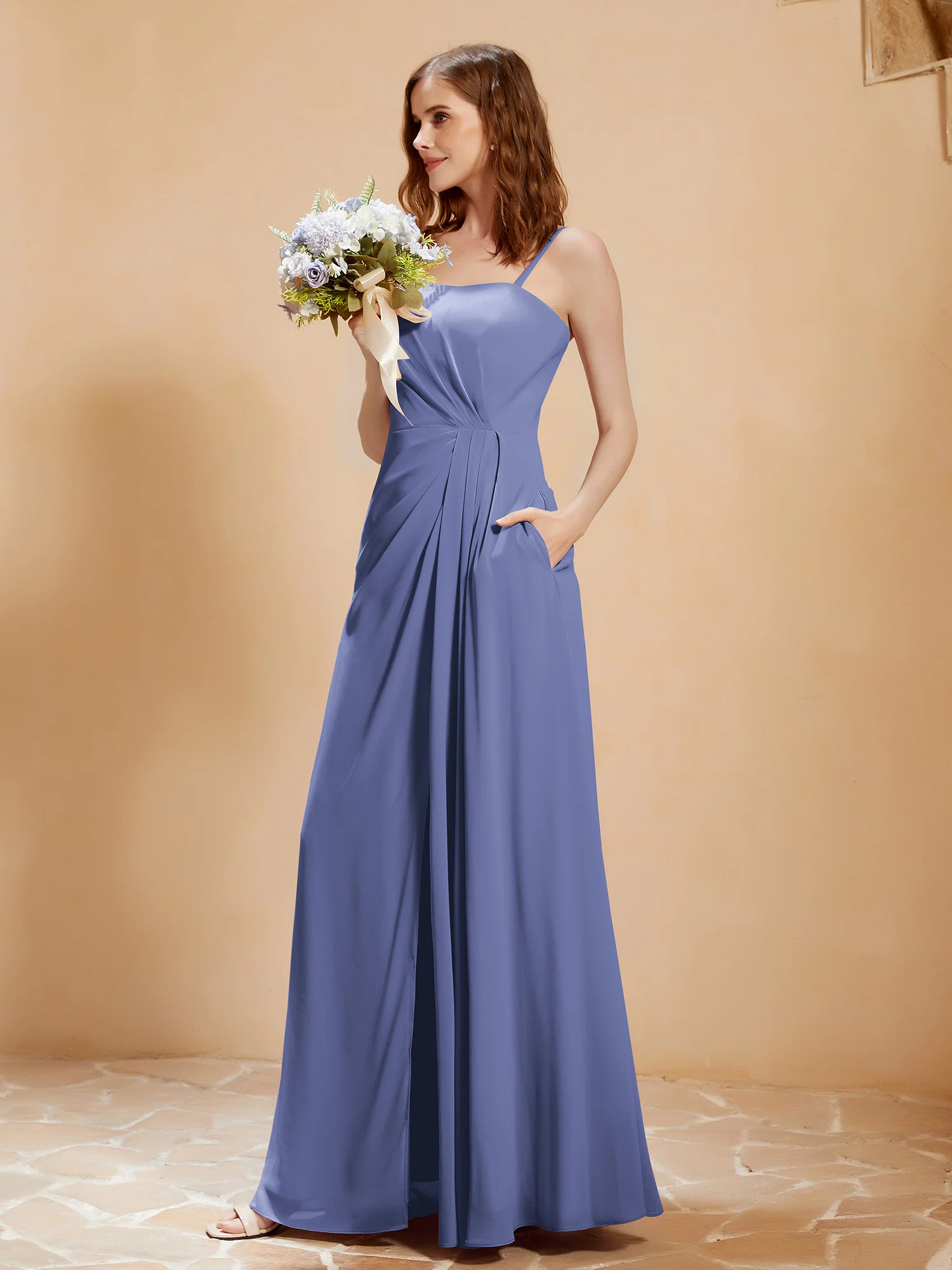 Square Neckline A-line Chiffon Dress With Pocket Periwinkle Plus Size