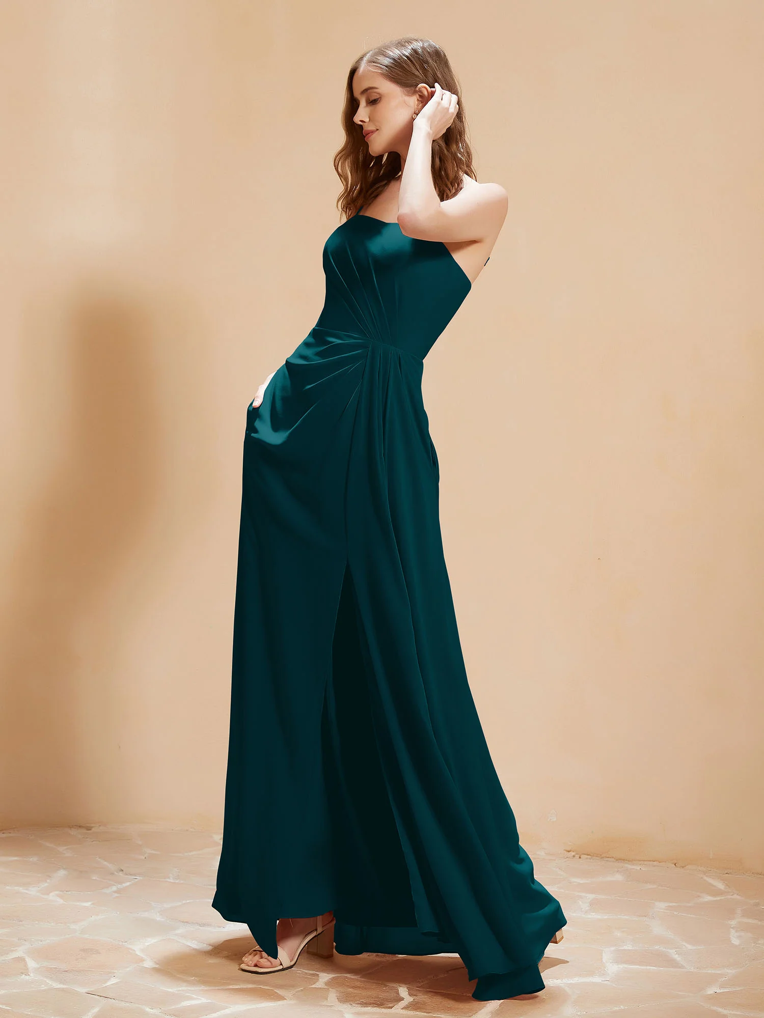 Square Neckline A-line Chiffon Dress With Pocket Pine - Image 3