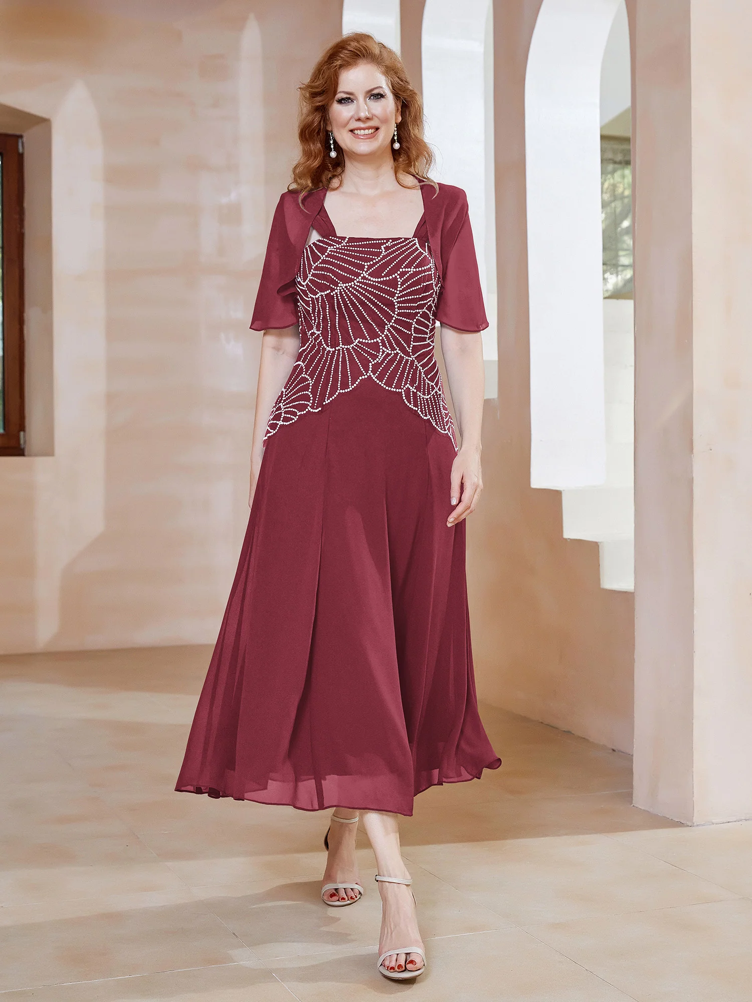 Square Neckline Beaded Chiffon A-line Dress Cinnamon Rose