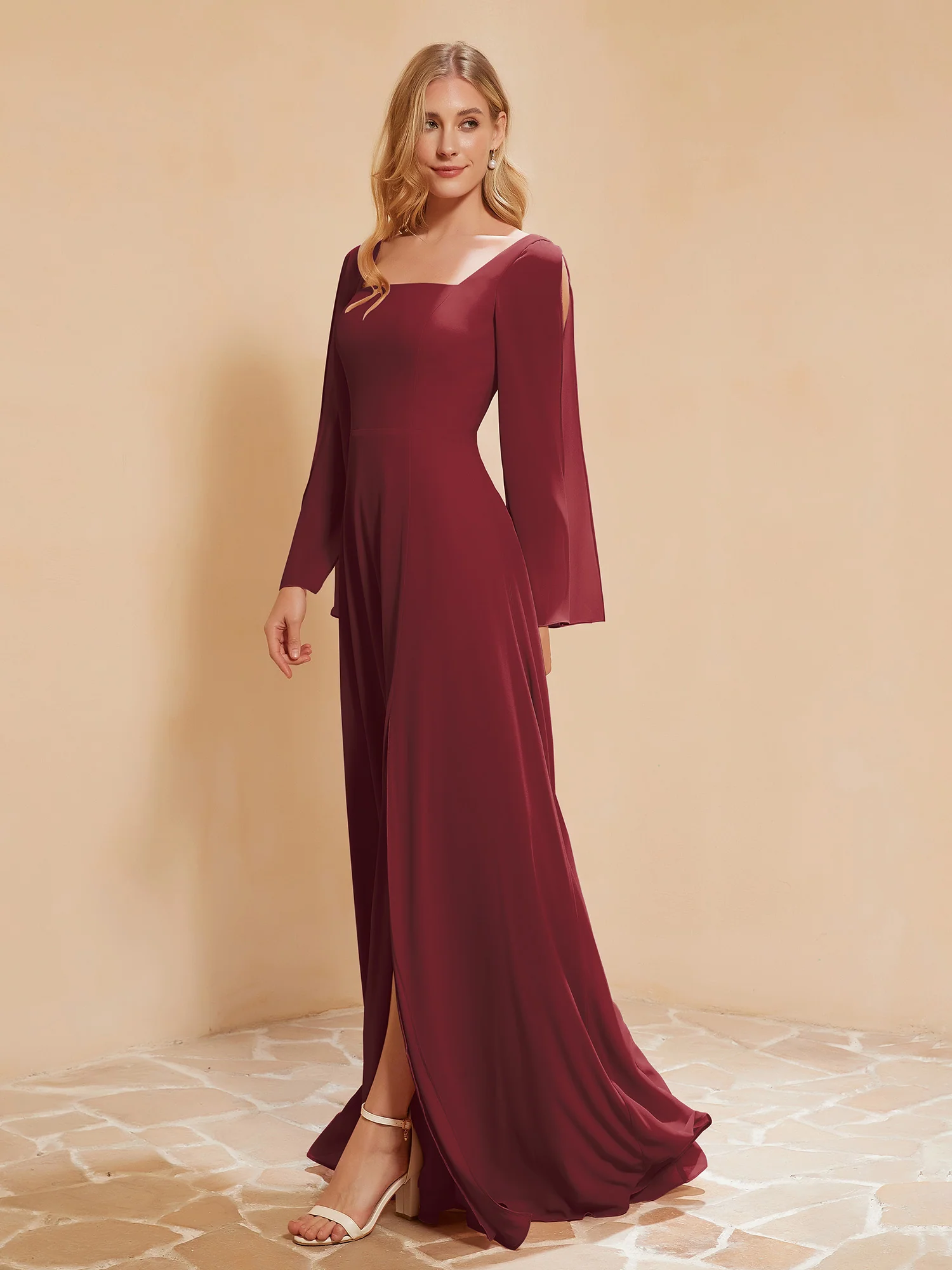 Square Neckline Ruched Chiffon Floor-length Dress Cinnamon Rose - Image 3