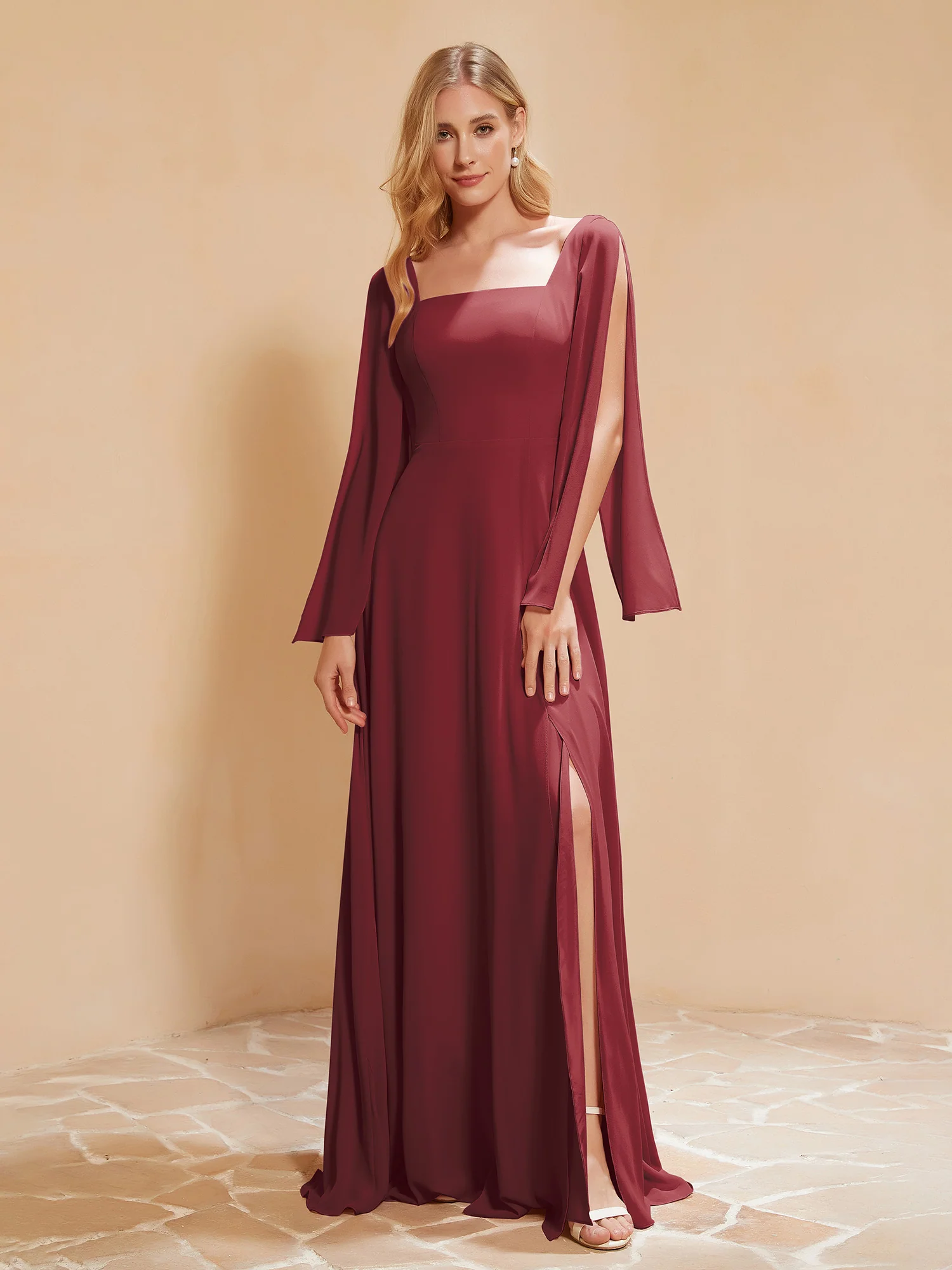 Square Neckline Ruched Chiffon Floor-length Dress Cinnamon Rose Plus Size