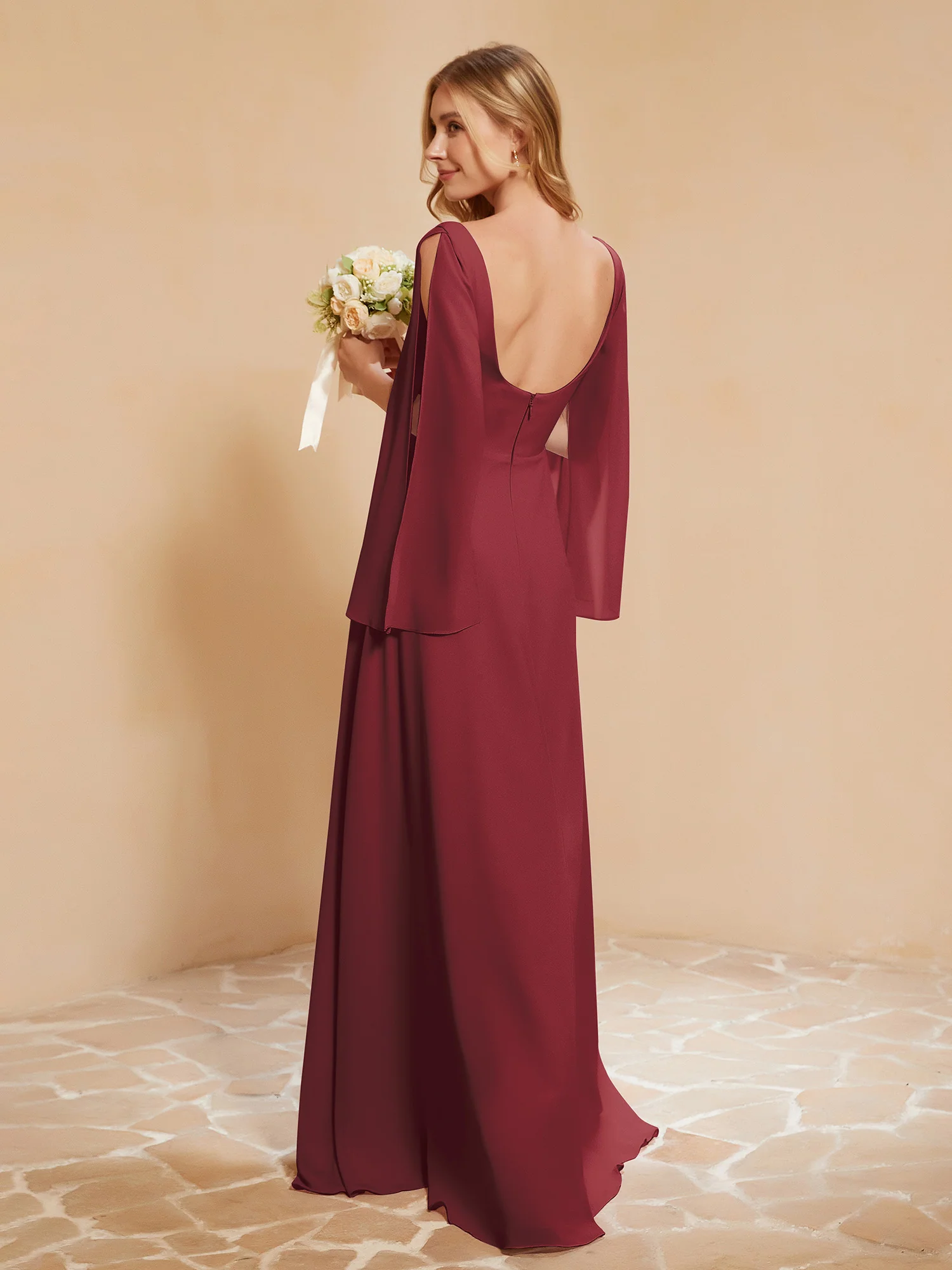 Square Neckline Ruched Chiffon Floor-length Dress Cinnamon Rose Plus Size - Image 2
