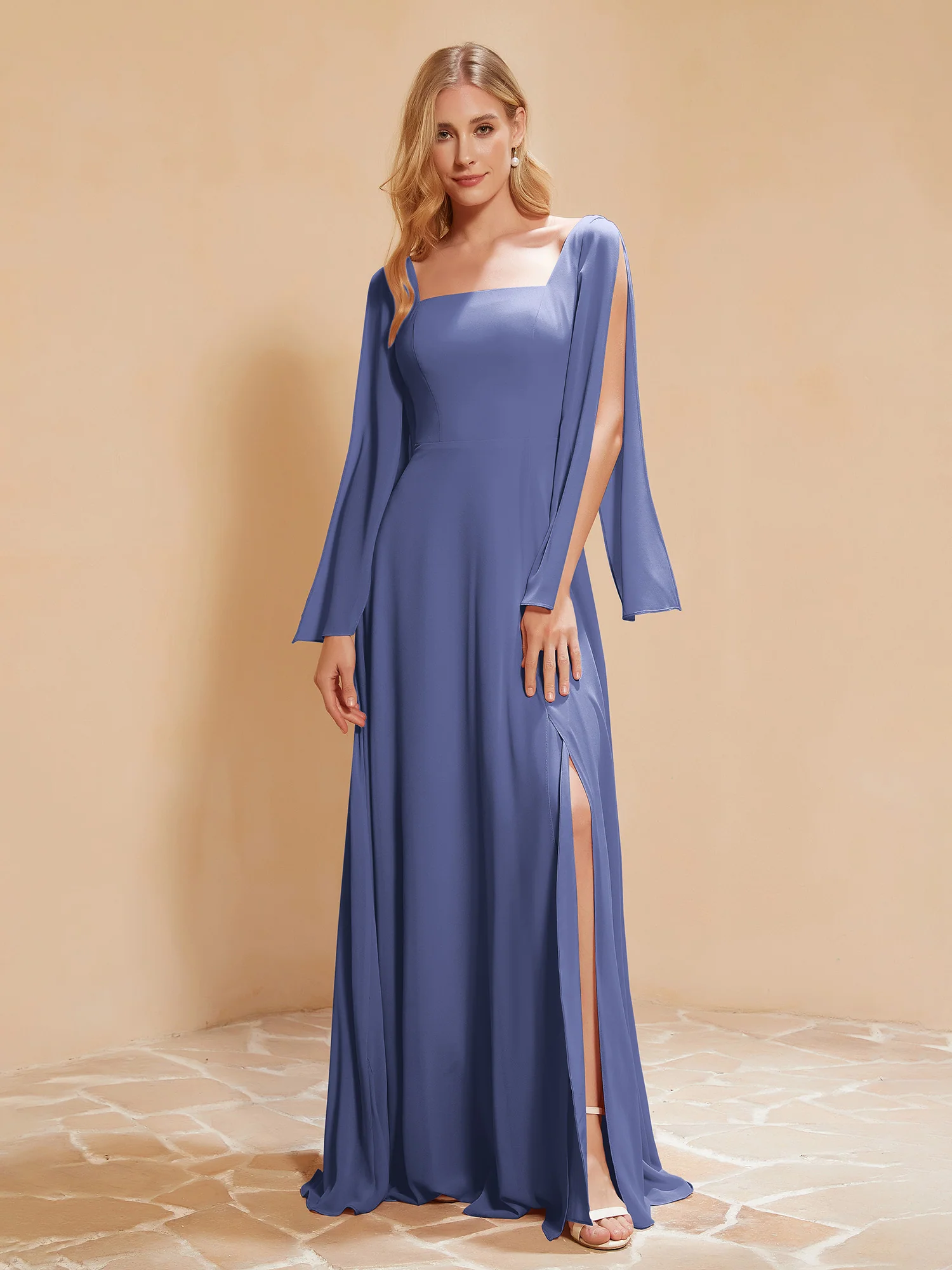 Square Neckline Ruched Chiffon Floor-length Dress Periwinkle