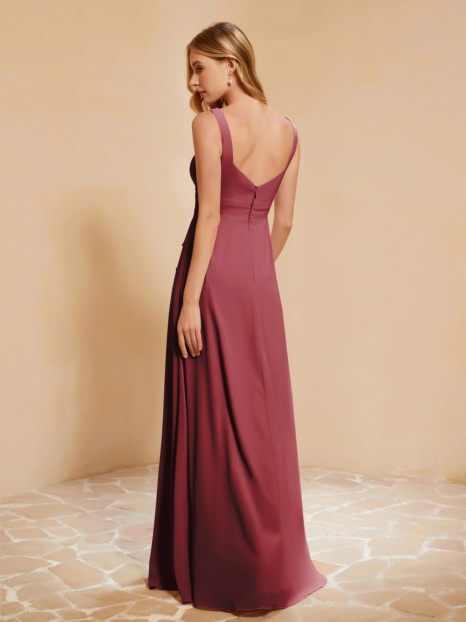 Square Neckline Ruffle Backless Chiffon A-line Dress Cinnamon Rose - Image 2