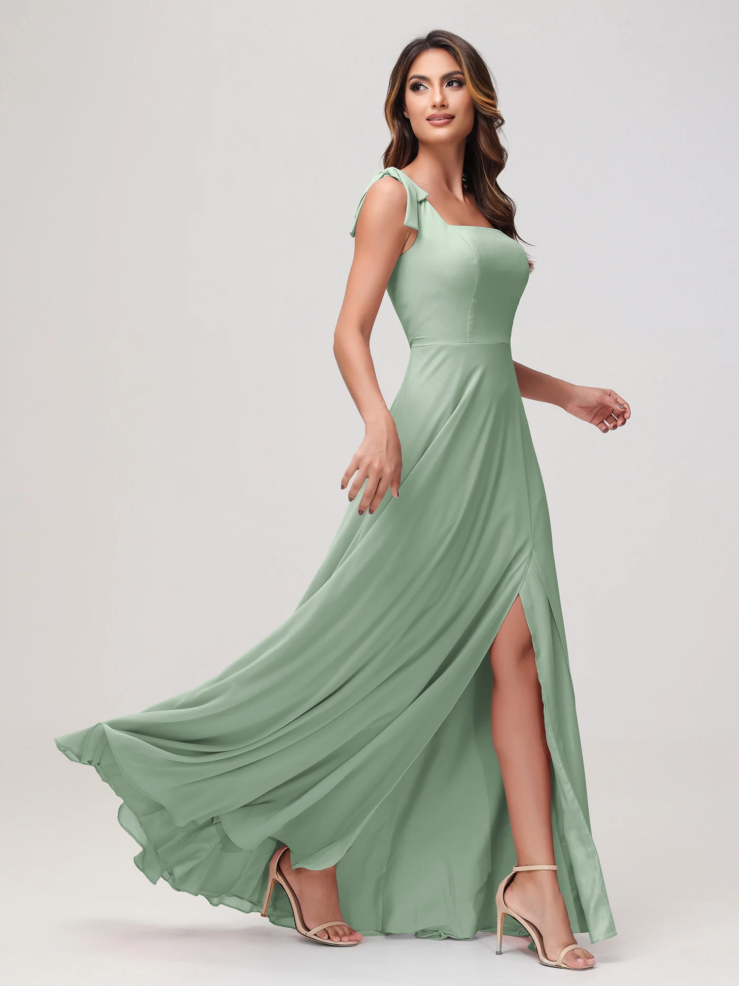 Square Neckline Sleeveless Floor-length Chiffon Dress Agave - Image 3