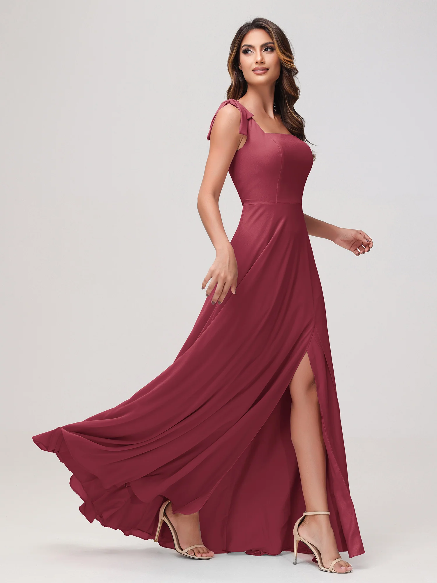 Square Neckline Sleeveless Floor-length Chiffon Dress Cinnamon Rose - Image 3