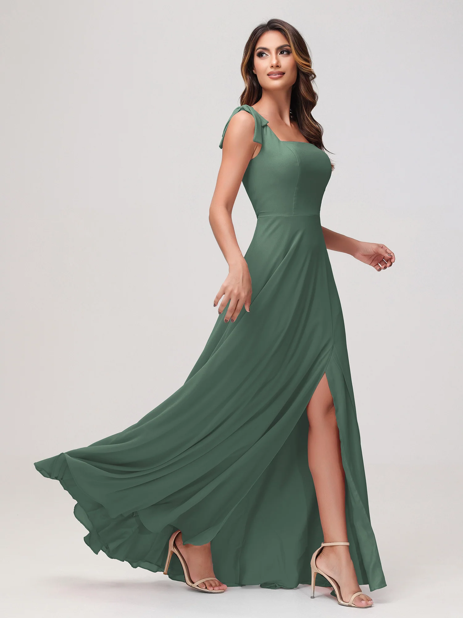 Square Neckline Sleeveless Floor-length Chiffon Dress Eucalyptus - Image 3