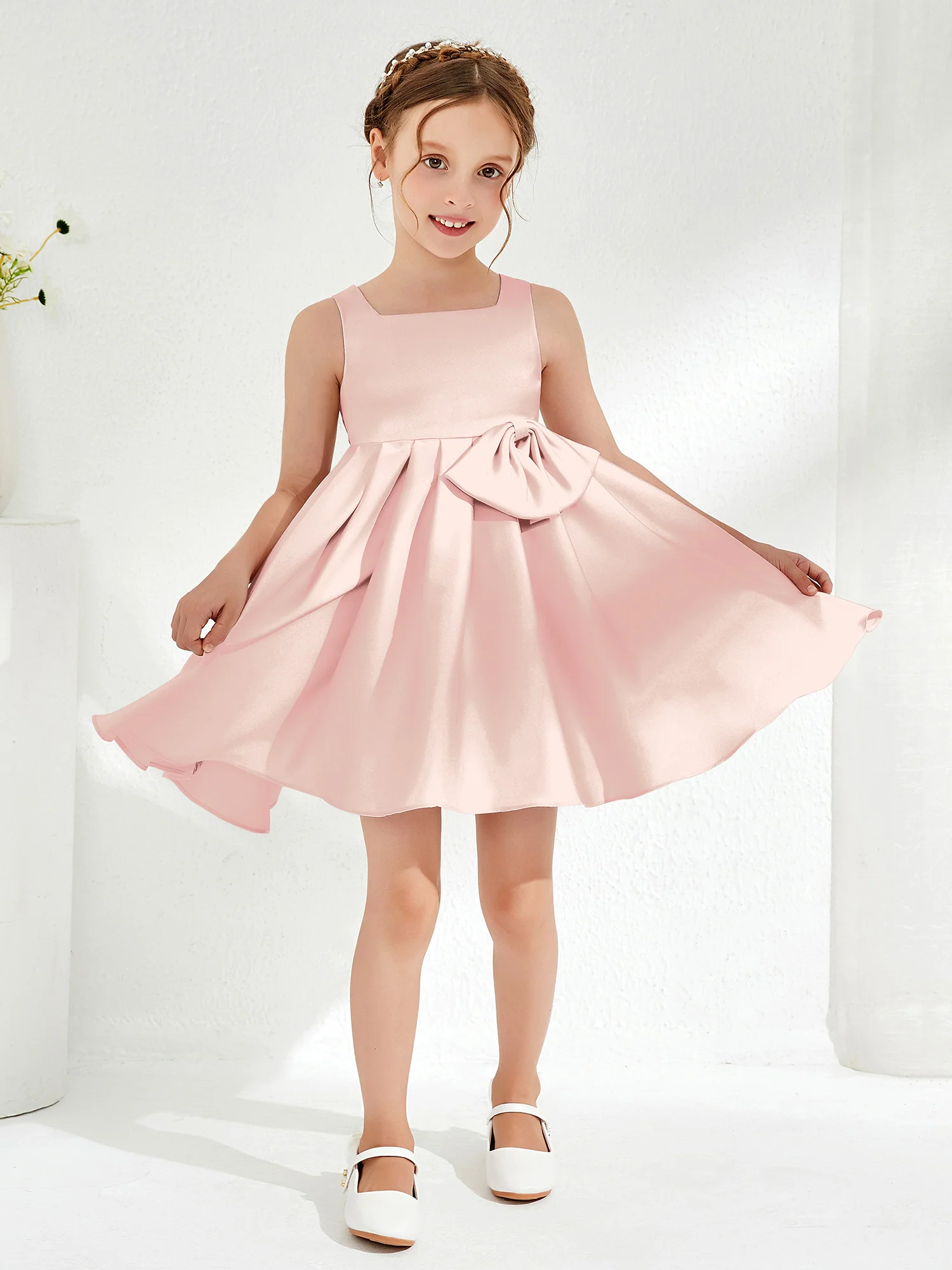 Square Pleated Knee-Length Girl's Dress with Bow Blushing Pink