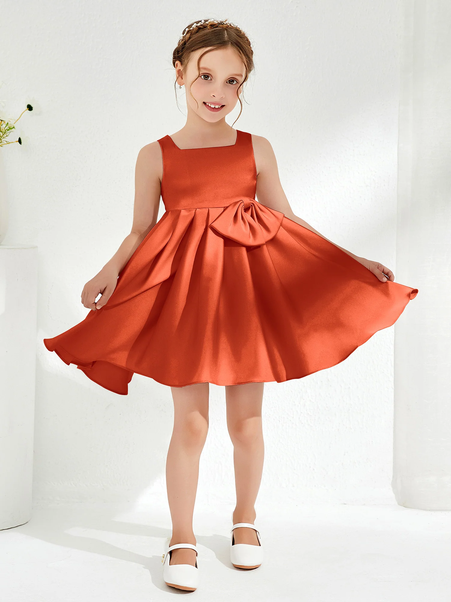 Square Pleated Knee-Length Girl's Dress with Bow Burnt Orange