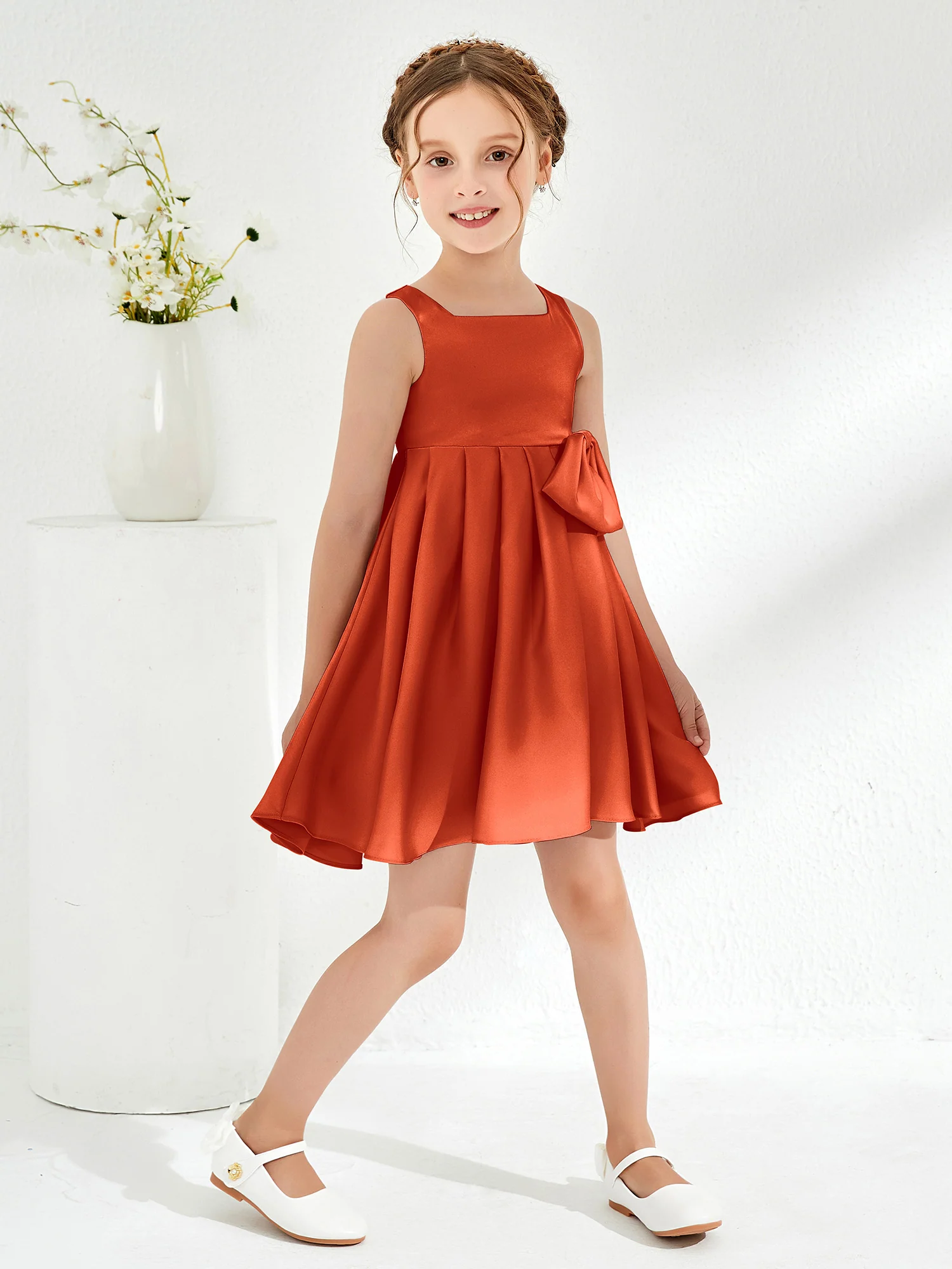 Square Pleated Knee-Length Girl's Dress with Bow Burnt Orange - Image 3