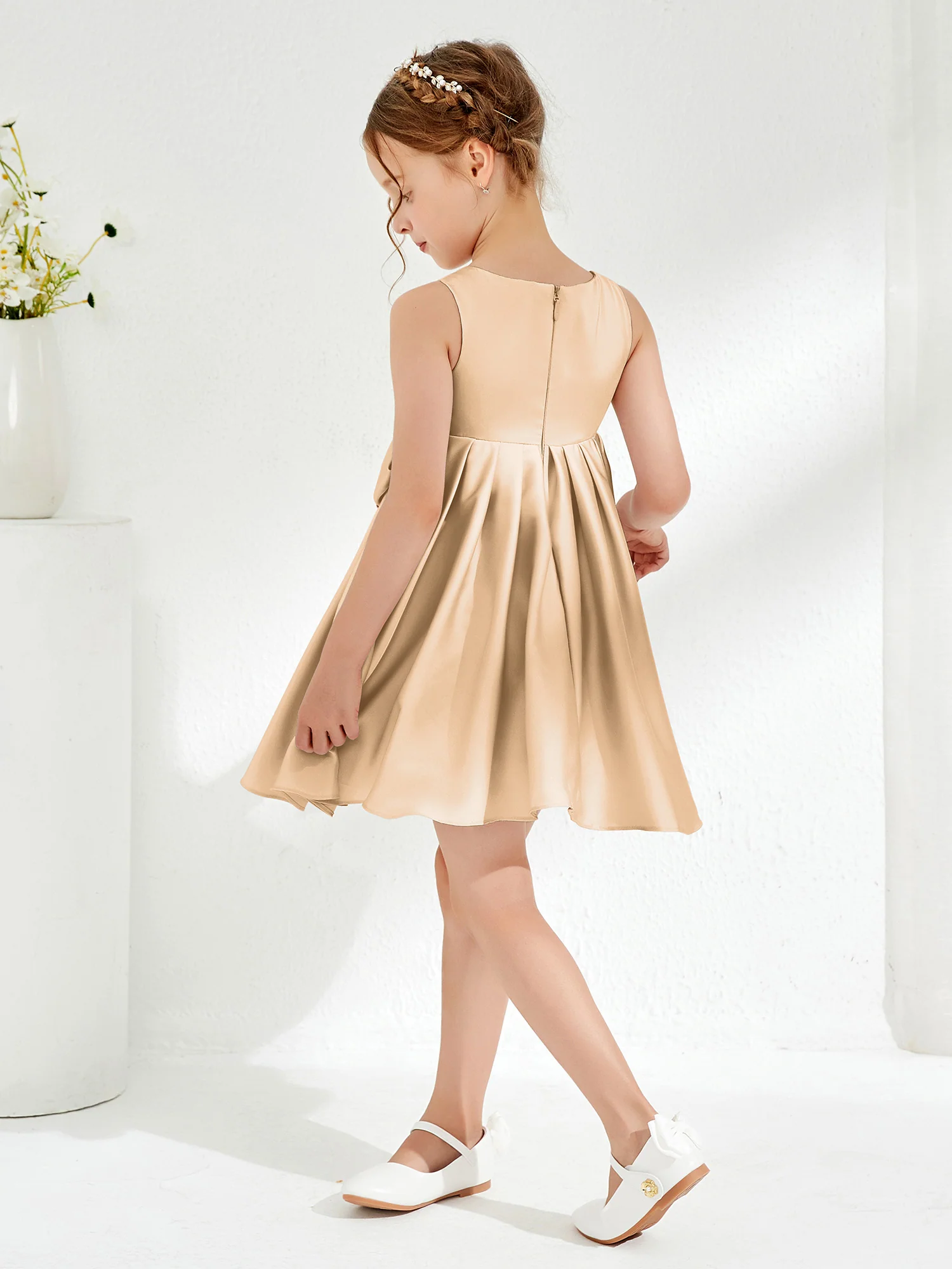 Square Pleated Knee-Length Girl's Dress with Bow Champagne - Image 2