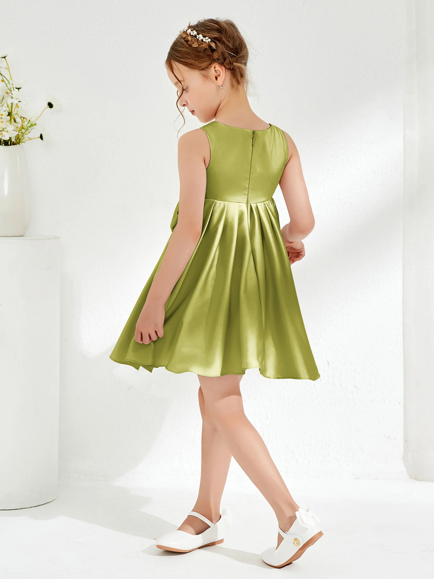Square Pleated Knee-Length Girl's Dress with Bow Clover - Image 2