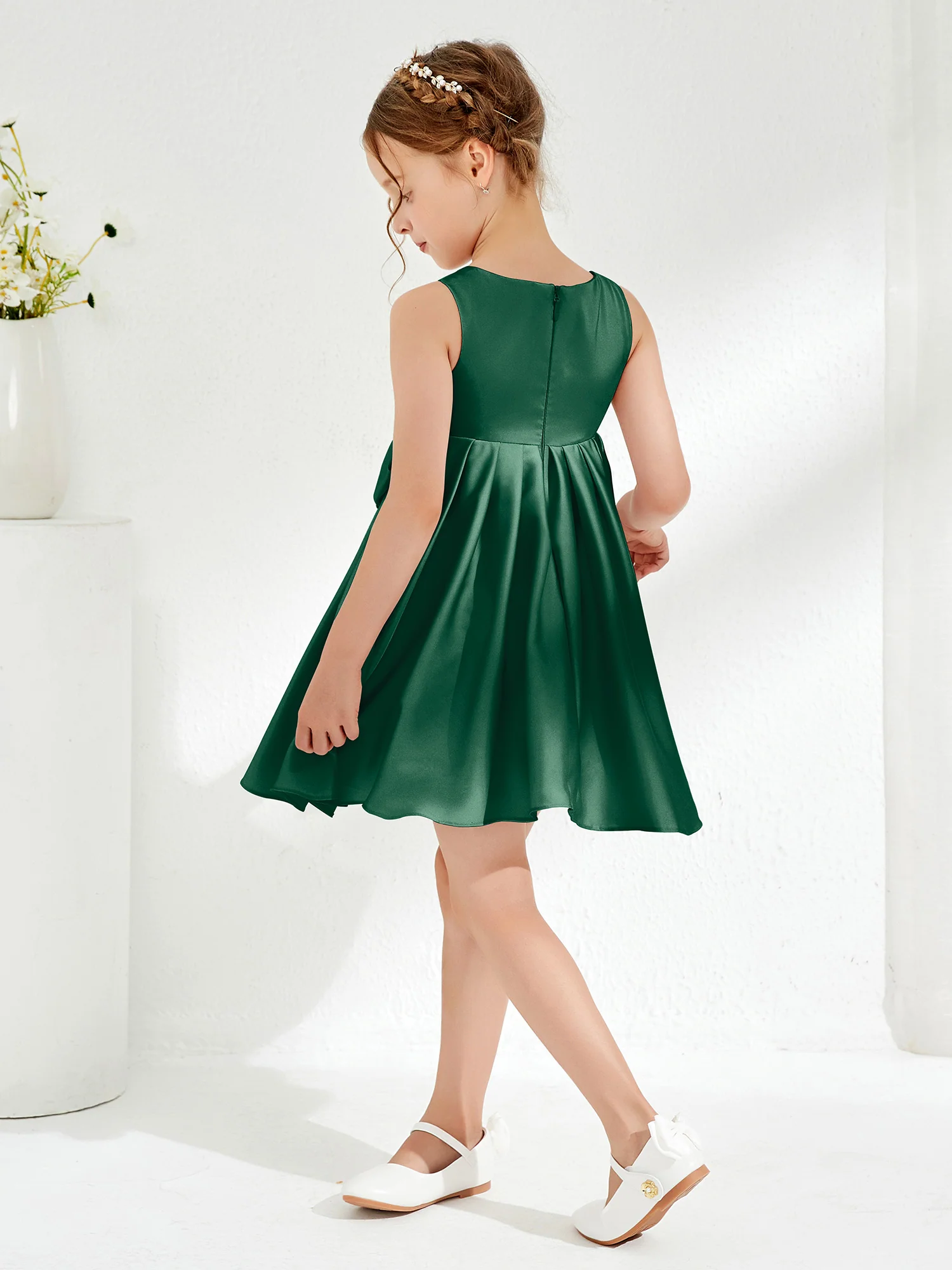 Square Pleated Knee-Length Girl's Dress with Bow Dark Green - Image 2