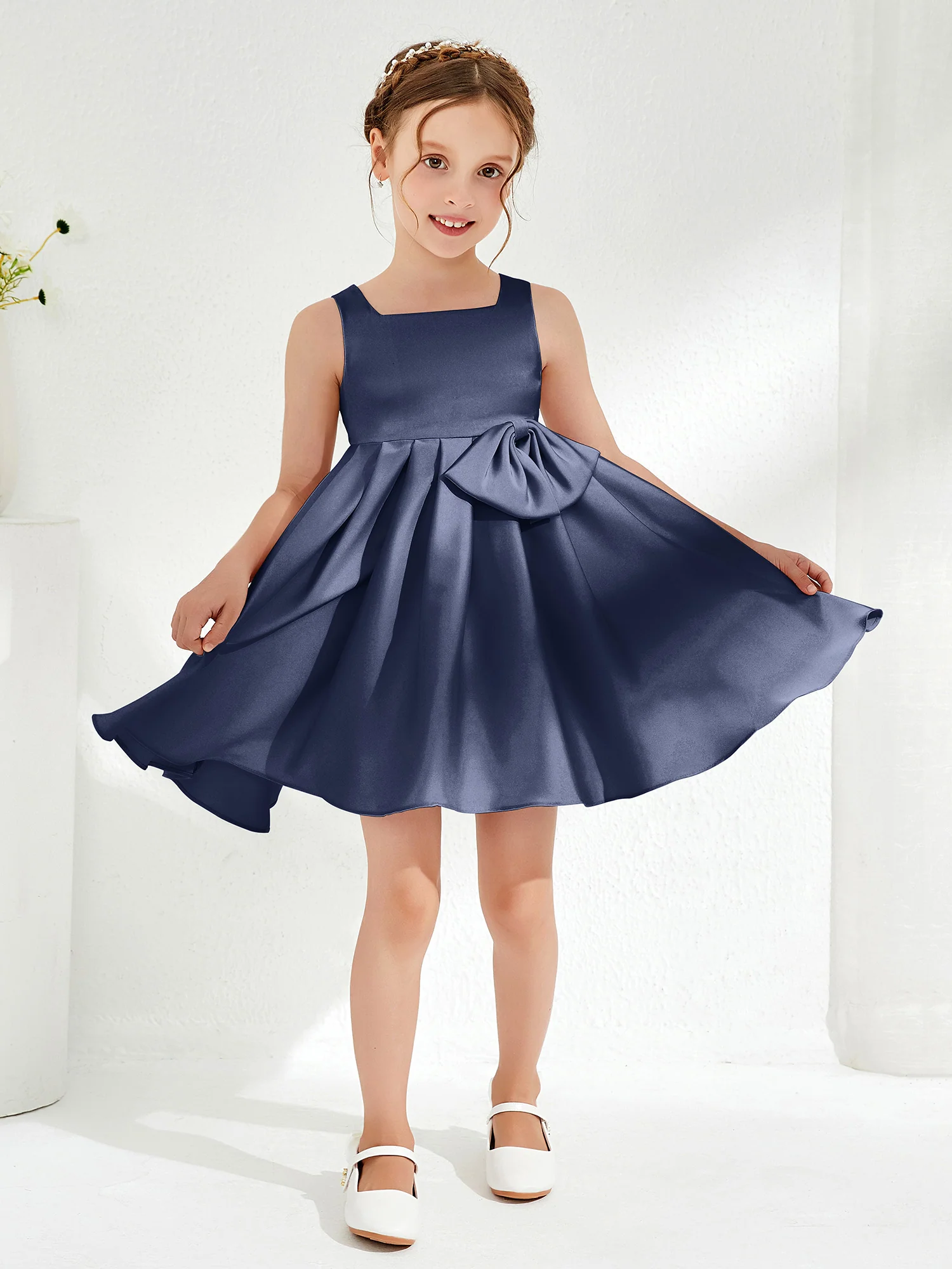 Square Pleated Knee-Length Girl's Dress with Bow Dark Navy