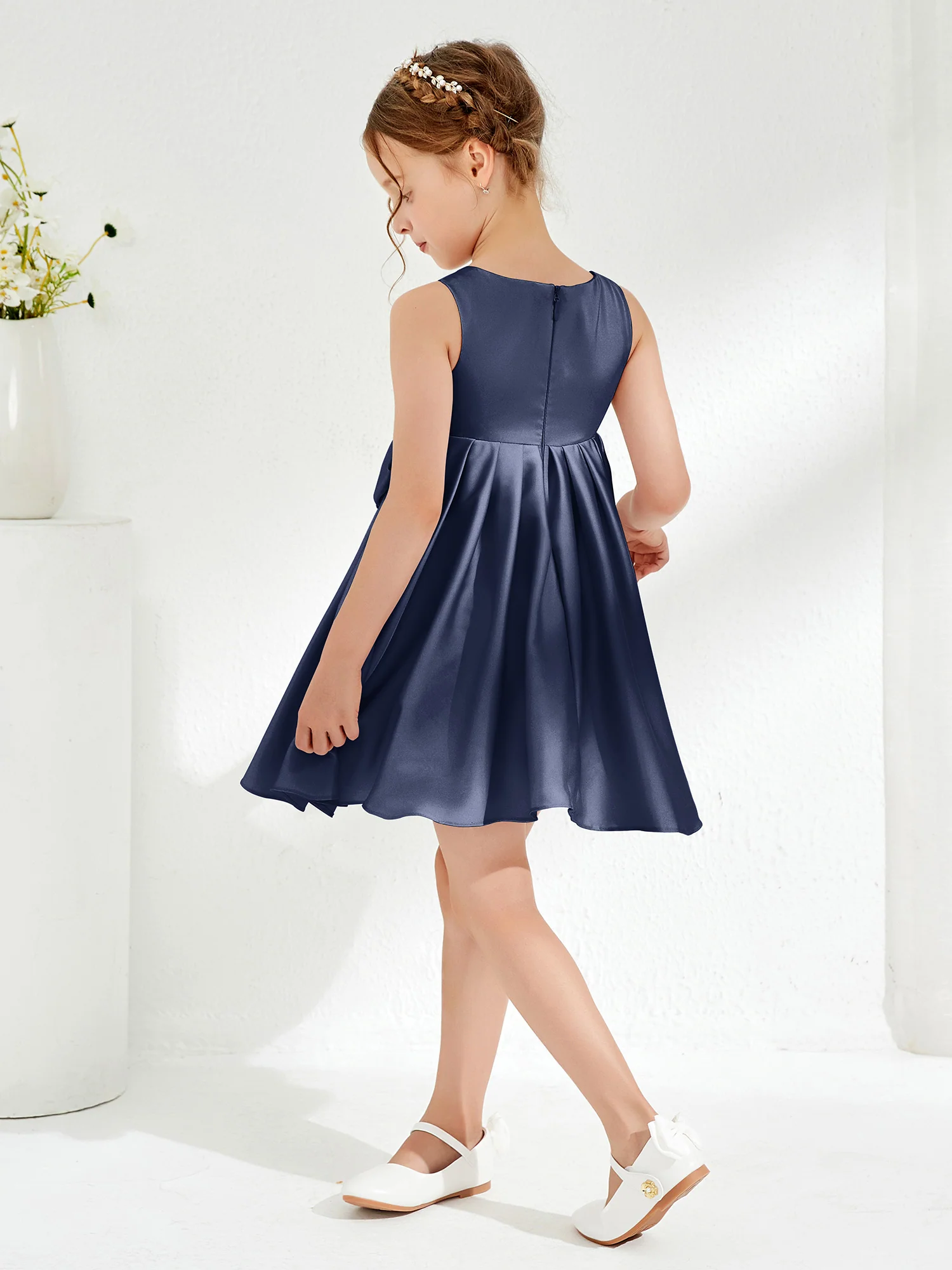 Square Pleated Knee-Length Girl's Dress with Bow Dark Navy - Image 2