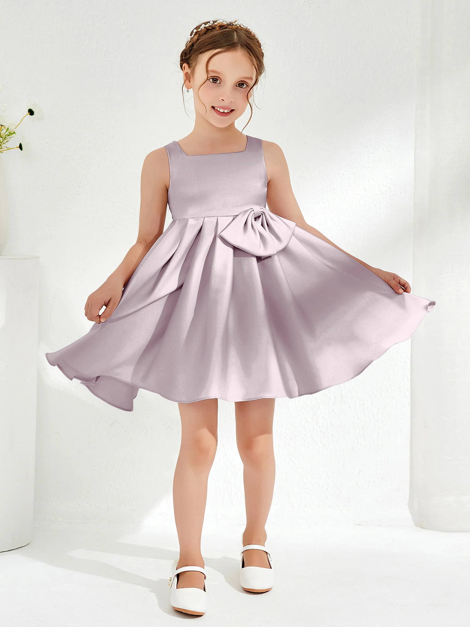 Square Pleated Knee-Length Girl's Dress with Bow Dusk