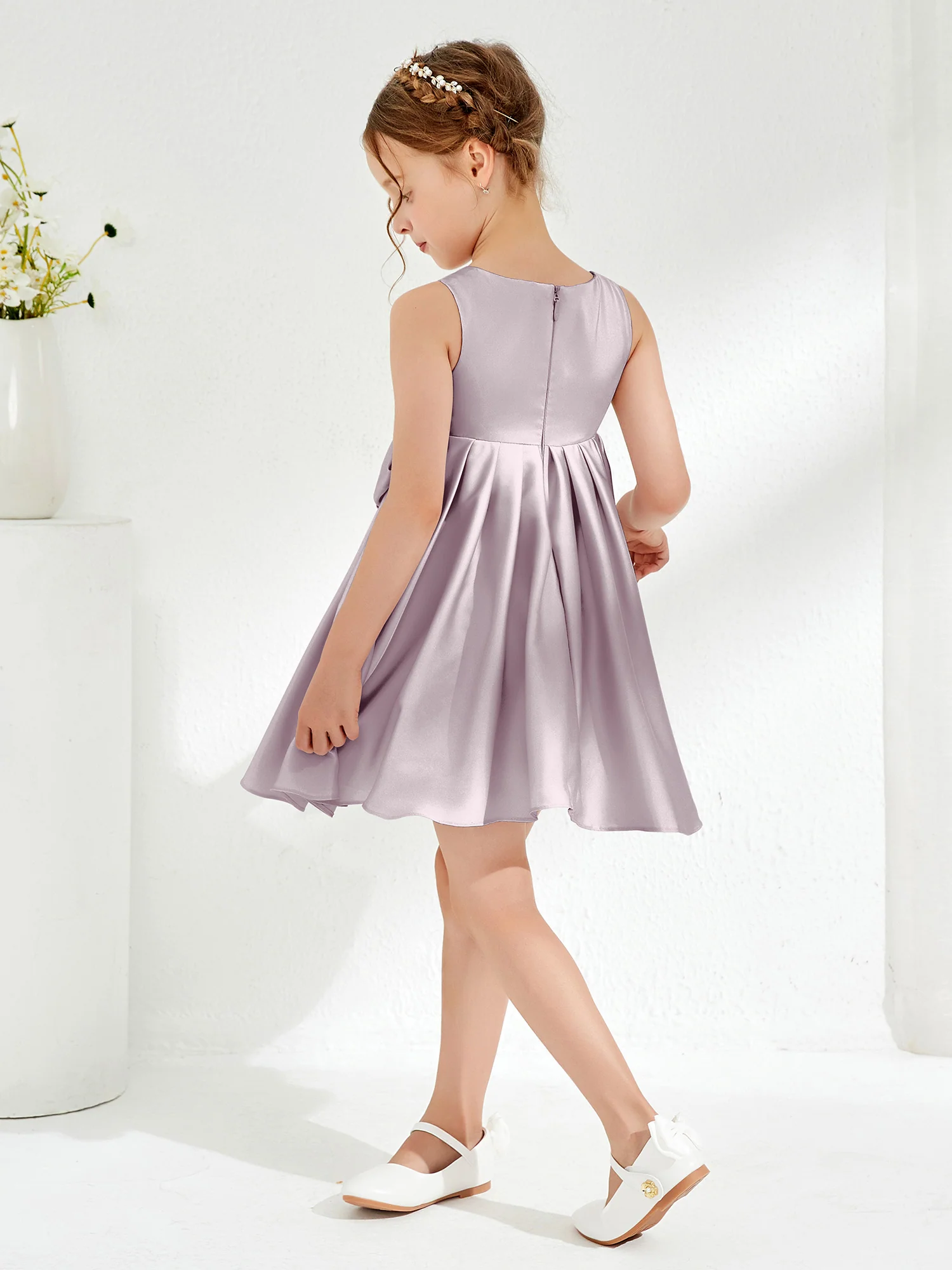 Square Pleated Knee-Length Girl's Dress with Bow Dusk - Image 2