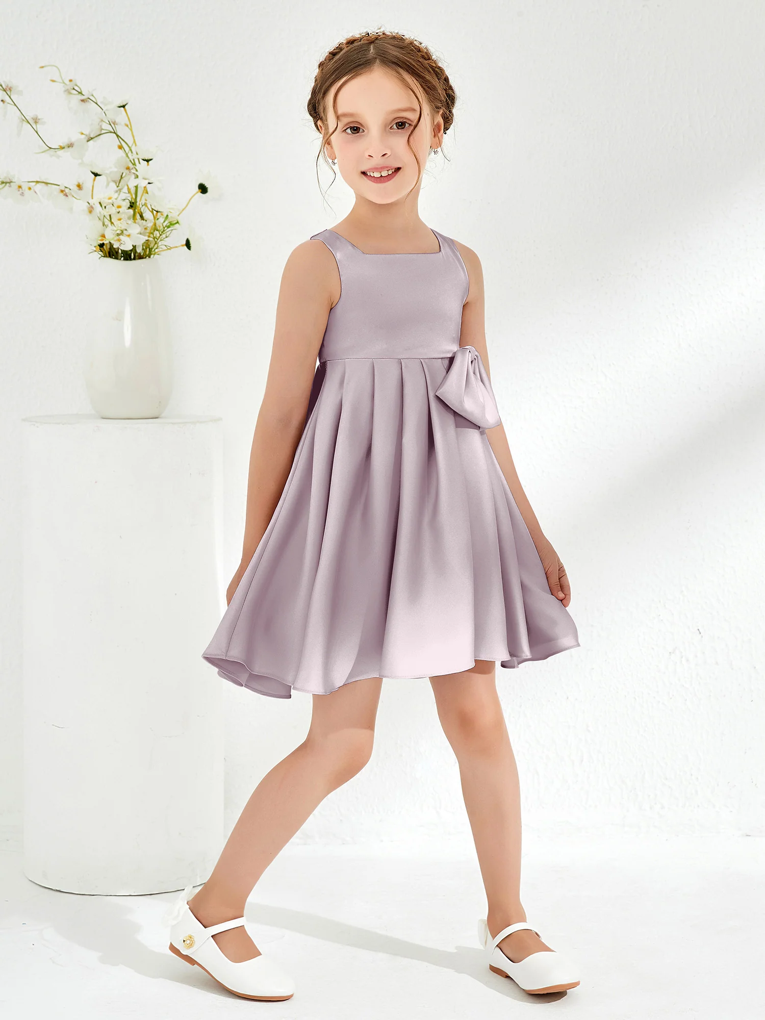 Square Pleated Knee-Length Girl's Dress with Bow Dusk - Image 3