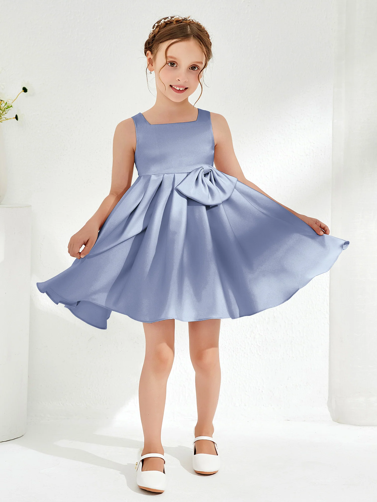 Square Pleated Knee-Length Girl's Dress with Bow Dusty Blue