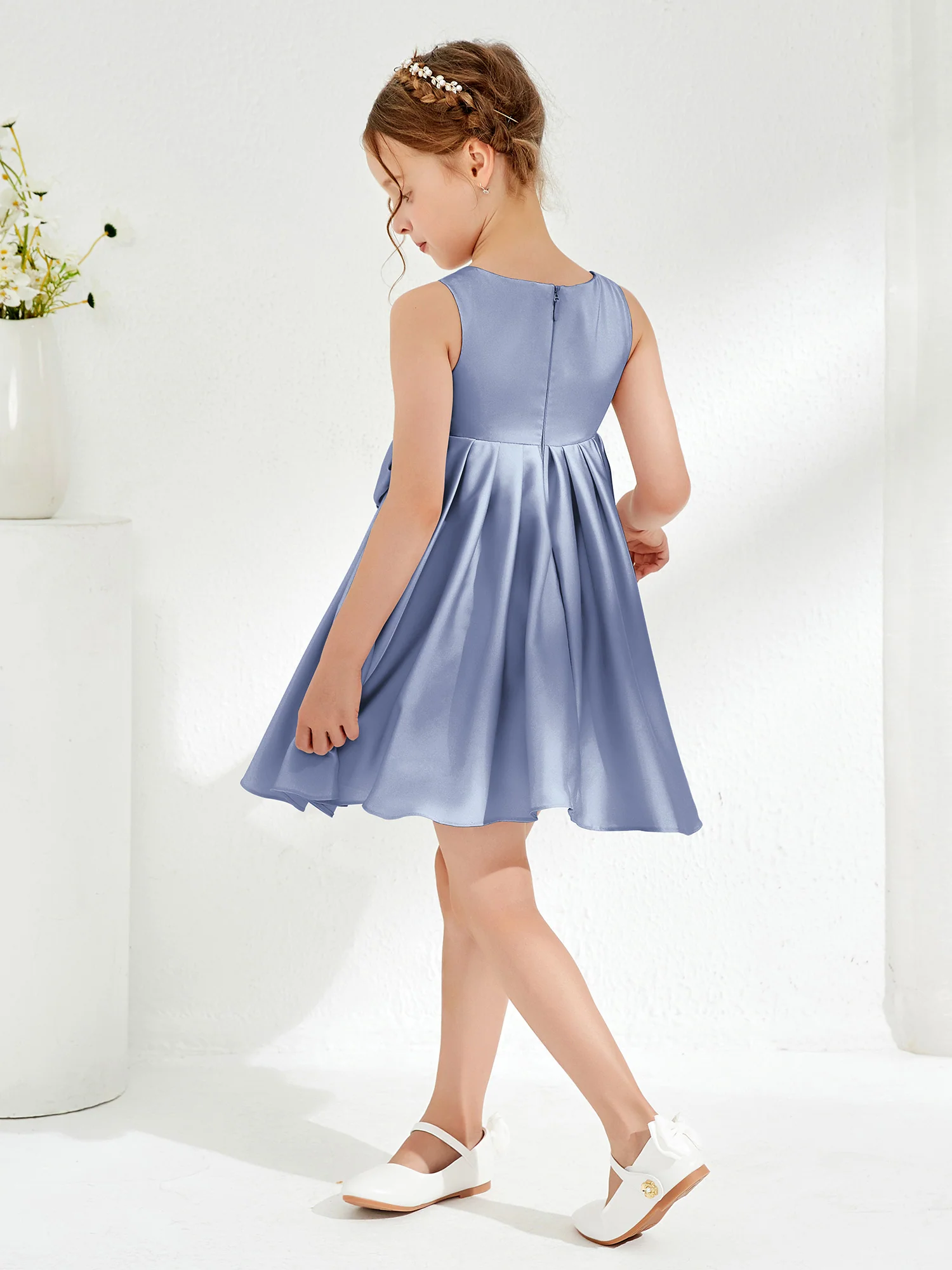 Square Pleated Knee-Length Girl's Dress with Bow Dusty Blue - Image 2