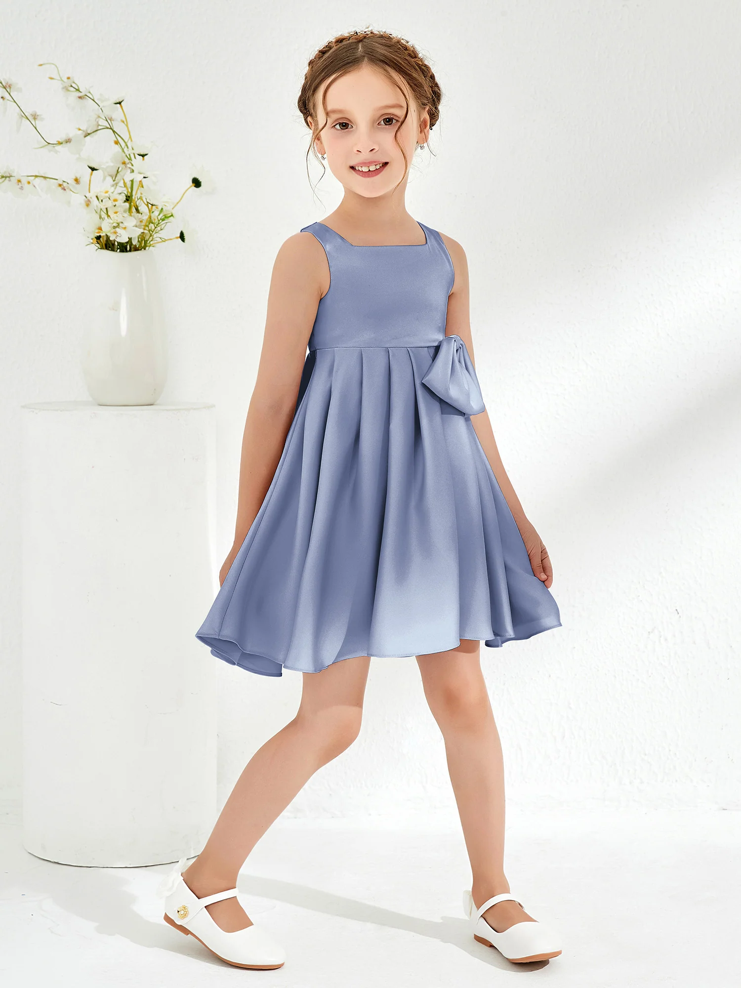 Square Pleated Knee-Length Girl's Dress with Bow Dusty Blue - Image 3
