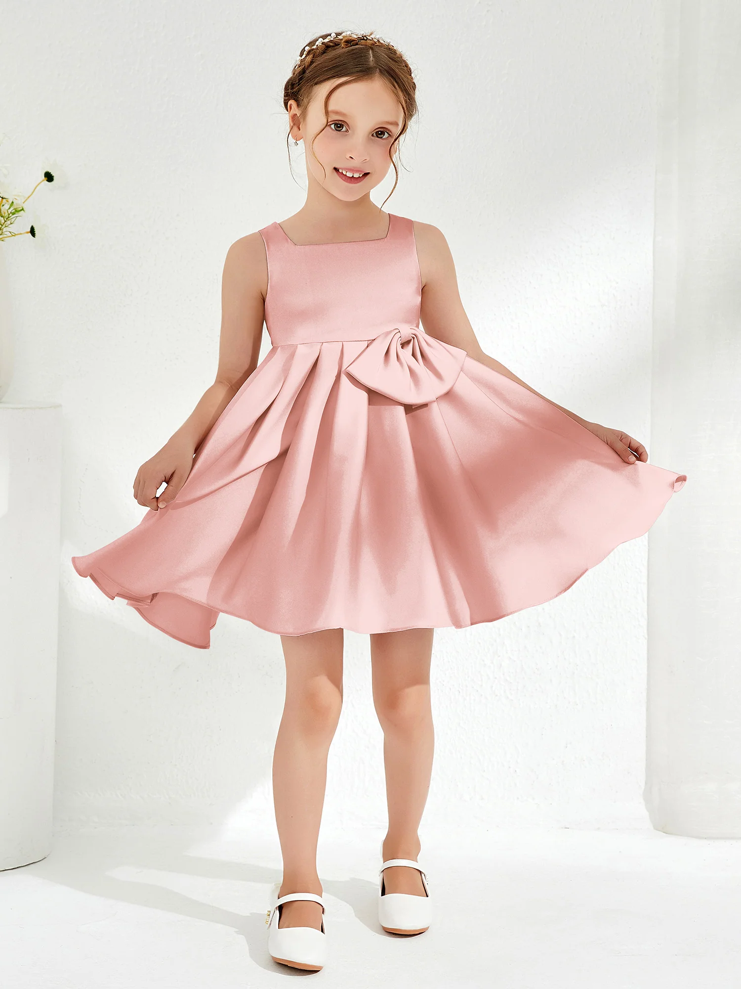 Square Pleated Knee-Length Girl's Dress with Bow Dusty Rose
