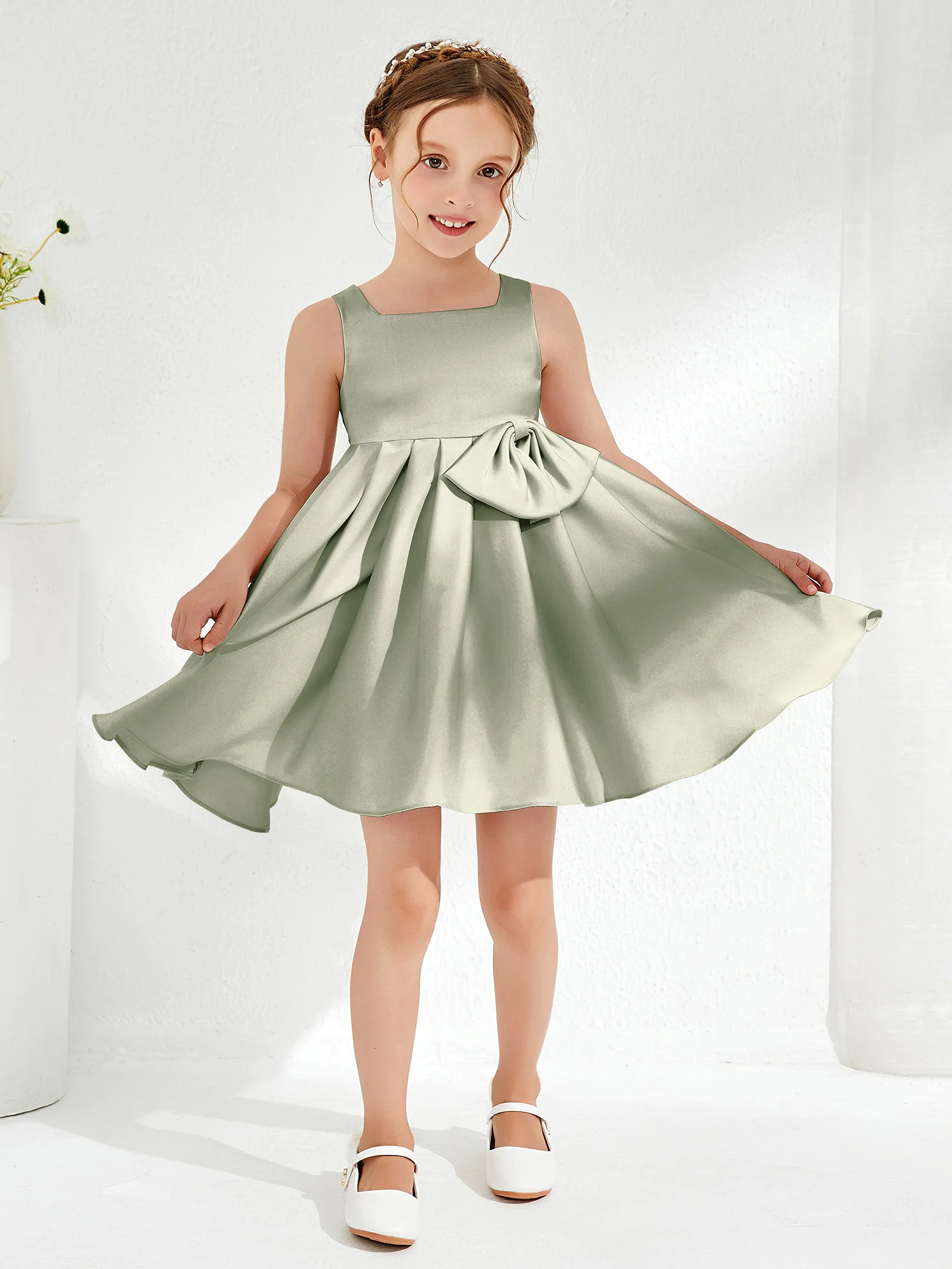 Square Pleated Knee-Length Girl's Dress with Bow Dusty Sage