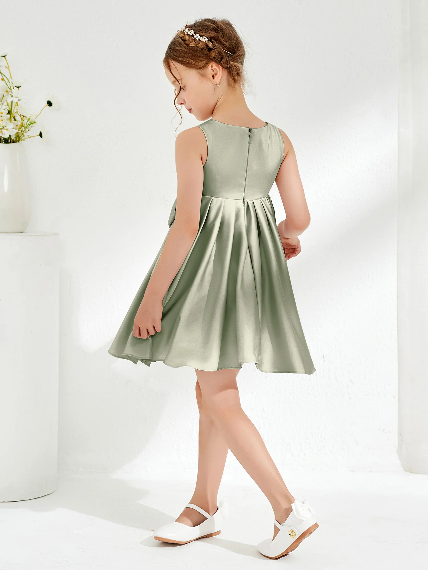 Square Pleated Knee-Length Girl's Dress with Bow Dusty Sage - Image 2