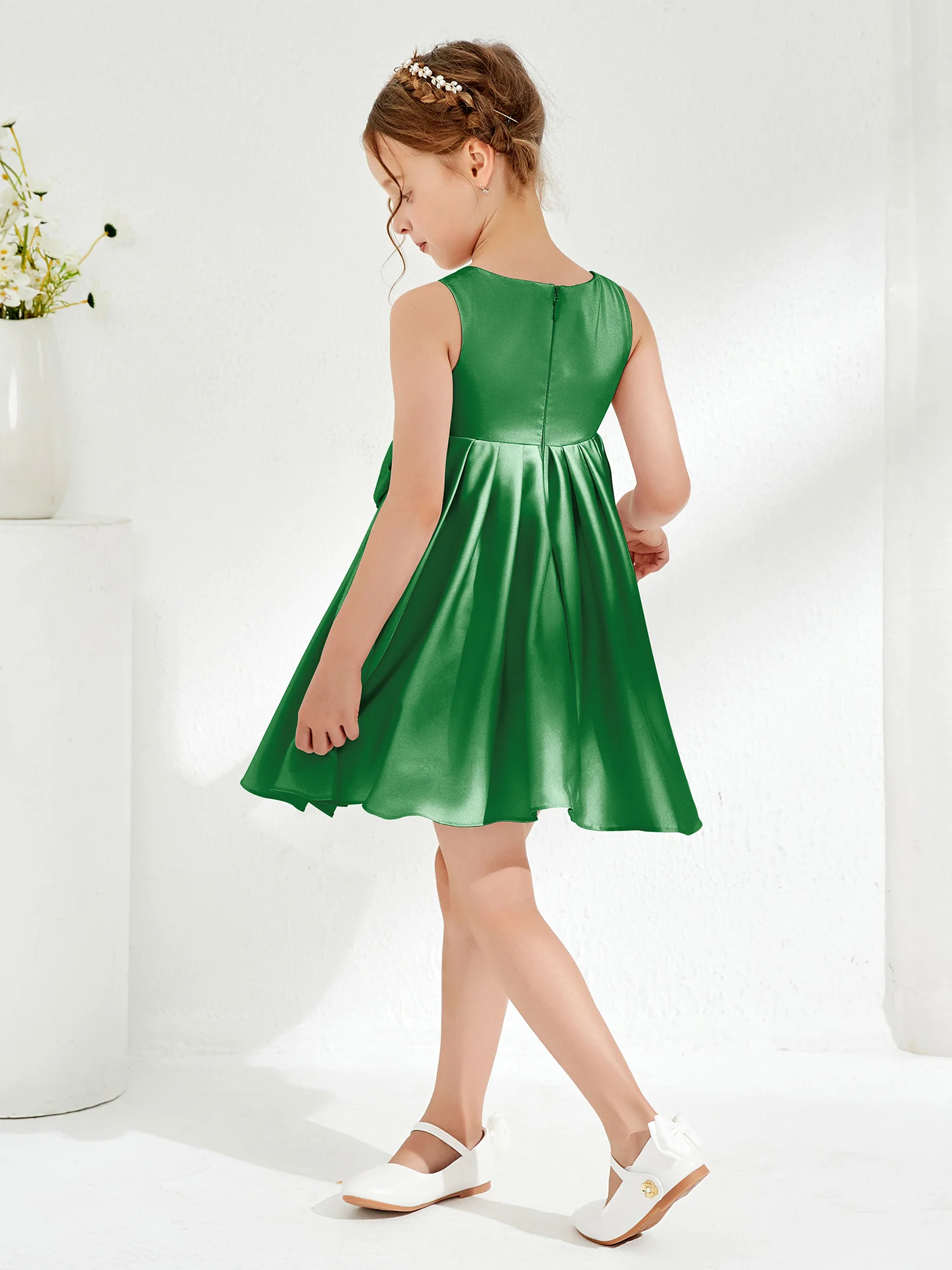 Square Pleated Knee-Length Girl's Dress with Bow Emerald - Image 2